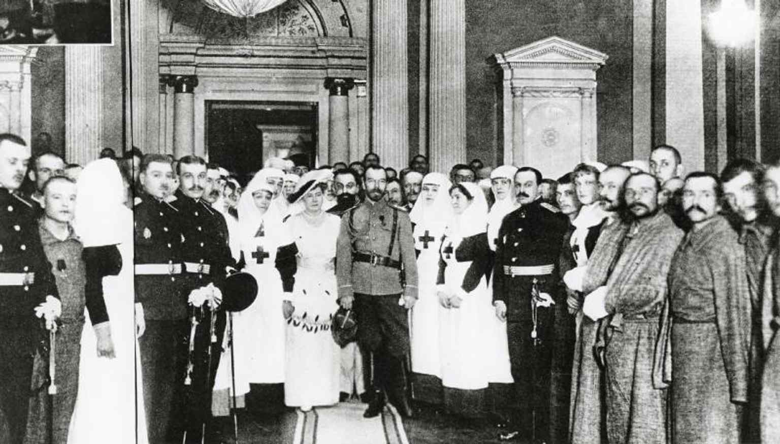 Tsar Nicholas II visiting the military hospital in the palace during World War I, when the building served very different wartime roles.