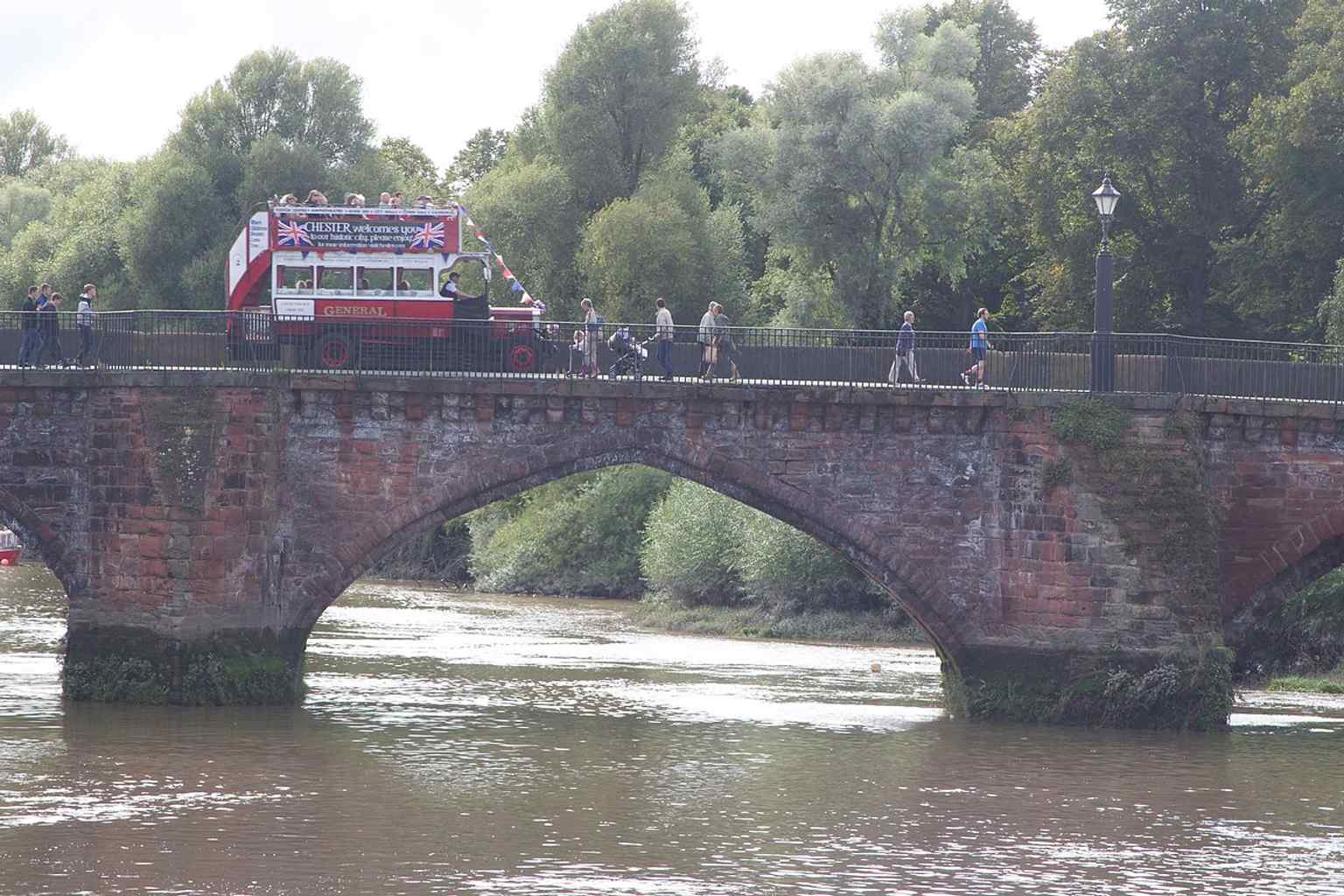 Upstream view of the bridge, a good angle for showing the line of arches and the later widening added for traffic.