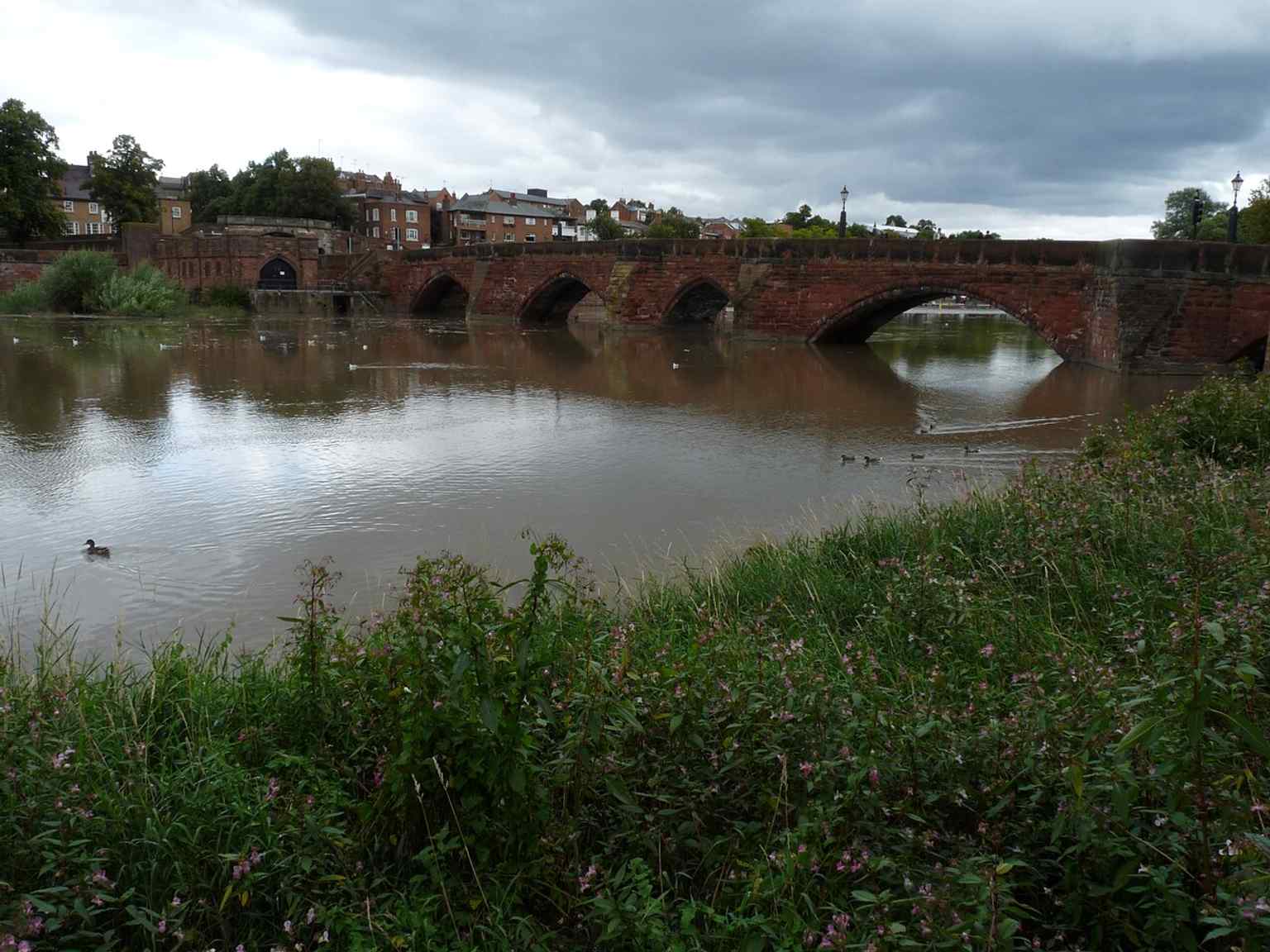 View from Edgar’s Field on the south bank, looking toward the bridge from the Handbridge side mentioned in the tour text.