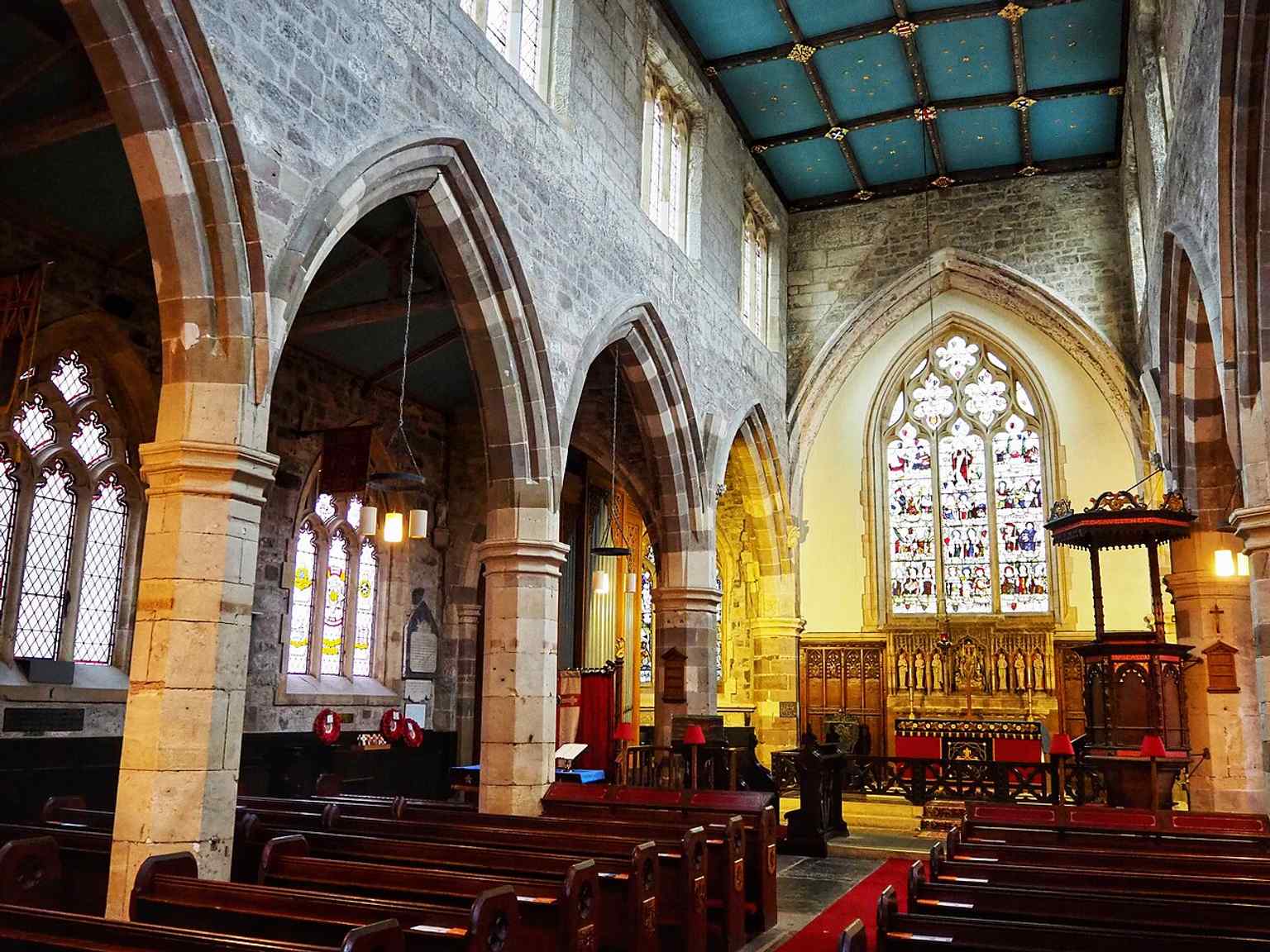 An interior angle that helps show the church as a living parish space rather than just a historic shell.