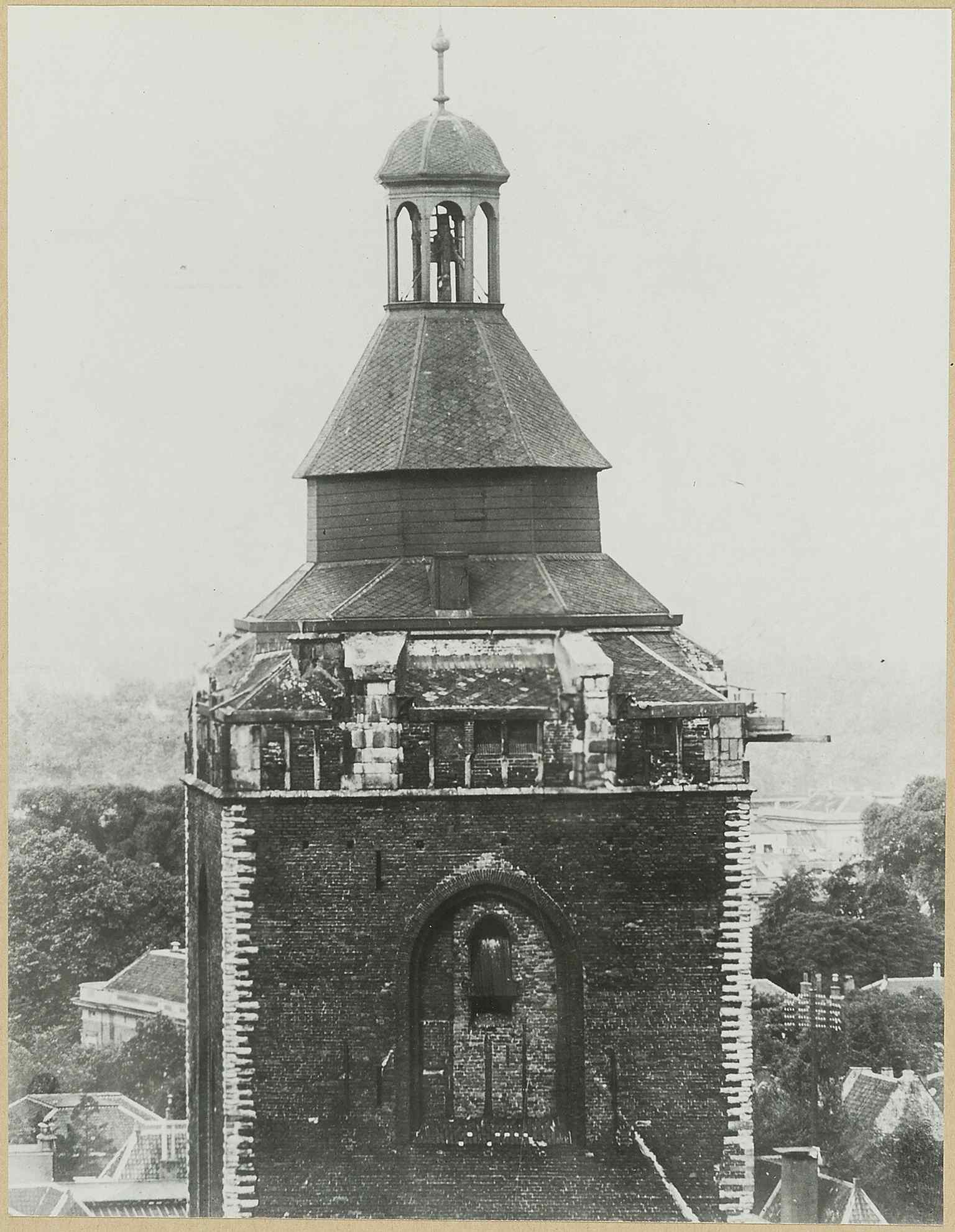 This detail of the Buurkerk tower highlights its 'temporary' top, as original plans for a taller, Domtoren-like structure were never realized.