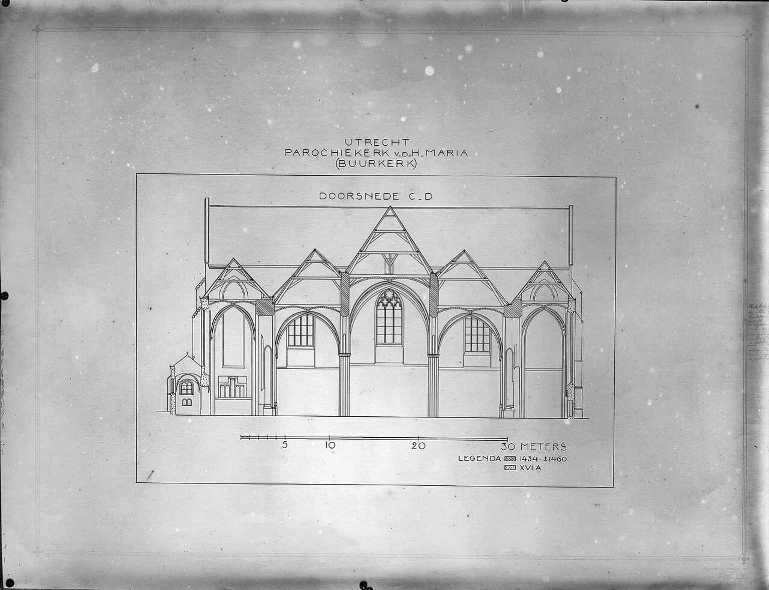 A 1923 cross-section drawing provides insight into the architectural structure of the church, which was rebuilt several times after fires and expanded into a three-aisled hall church.