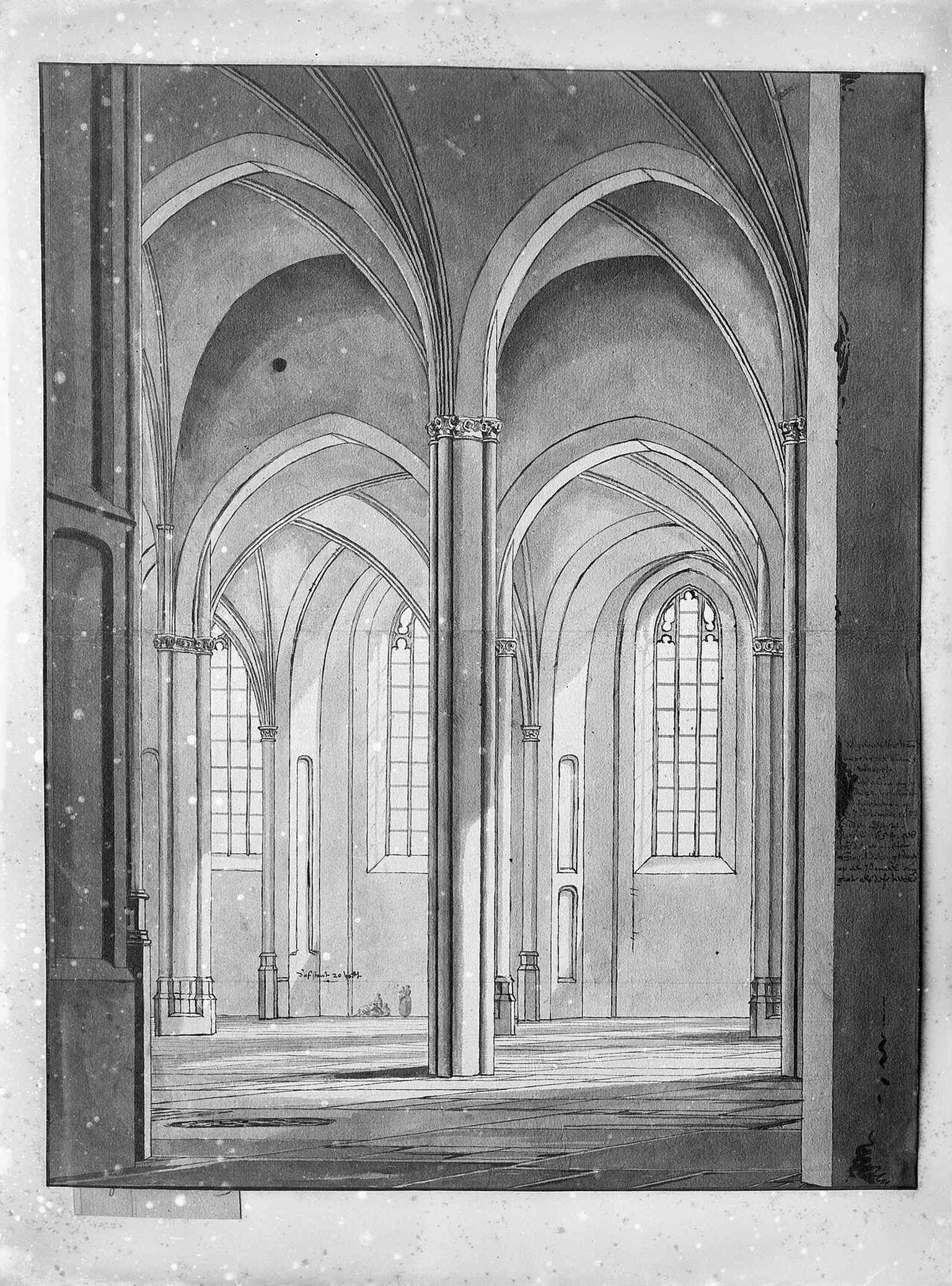 This historical artwork, based on a drawing by Pieter Jansz. Saenredam, provides a rare glimpse into the church interior before its extensive transformations.