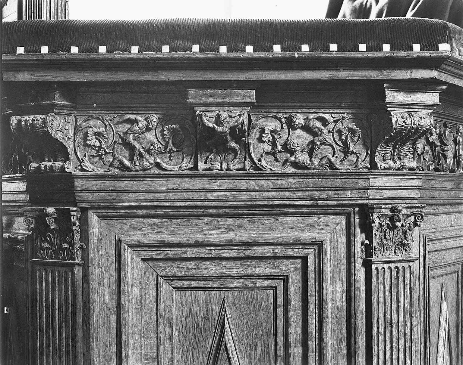 An ornate detail from the pulpit frieze, showcasing the elaborate craftsmanship found within the church during its historical use.