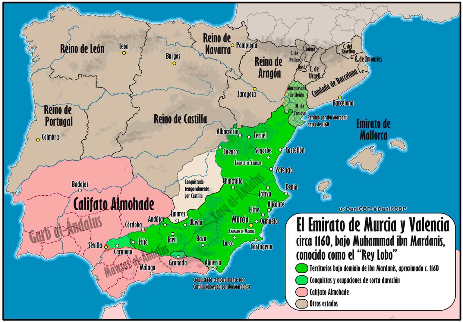 This map illustrates the Taifa Emirate of Murcia around 1160, when the city was the capital of various important Taifa kingdoms during the Middle Ages.