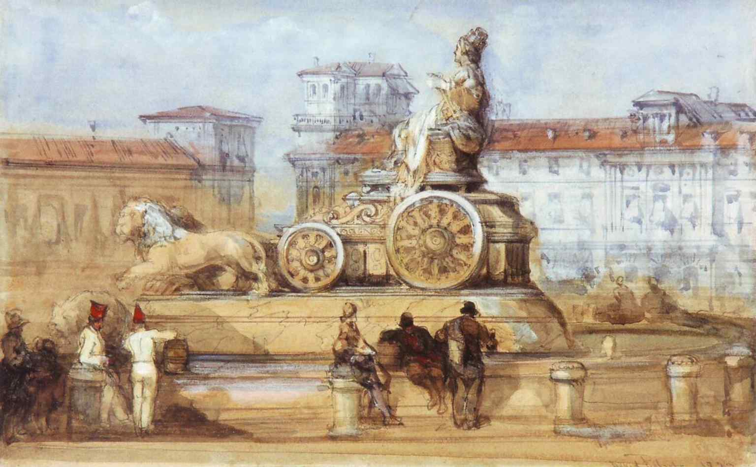 David Roberts’s romantic view of Cibeles captures the square before its later monumental surroundings were fully built.