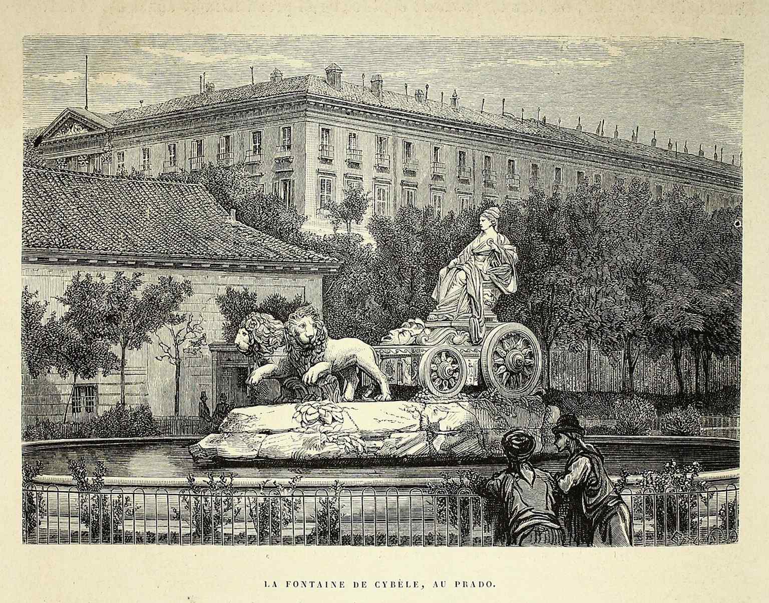 Gustave Doré’s 1874 illustration shows the fountain in its earlier urban setting, when Cibeles was still part of the Prado promenade.