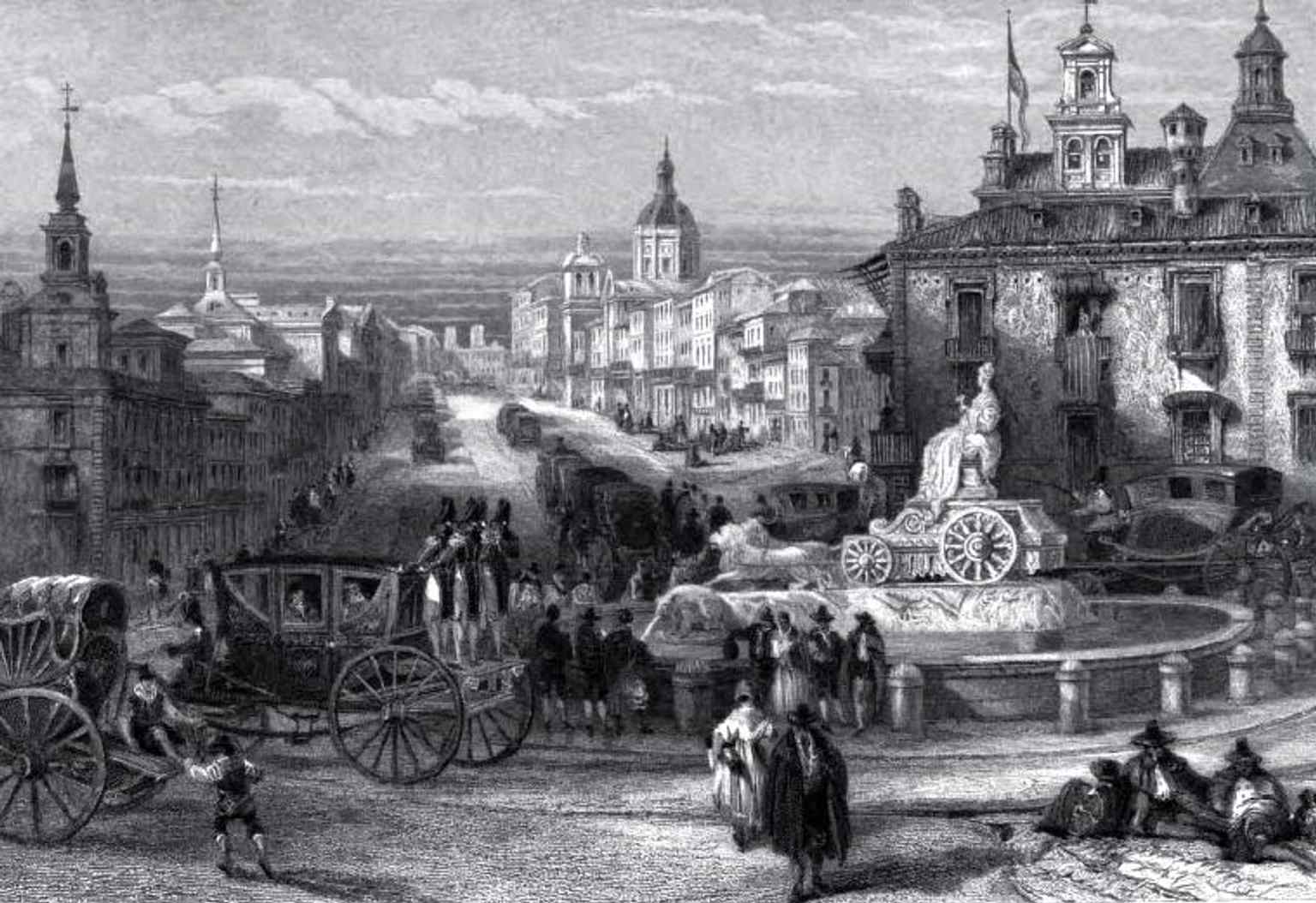 An 1832 engraving of Cibeles and Alcalá Street, showing the area before the square became the formal roundabout we know today.