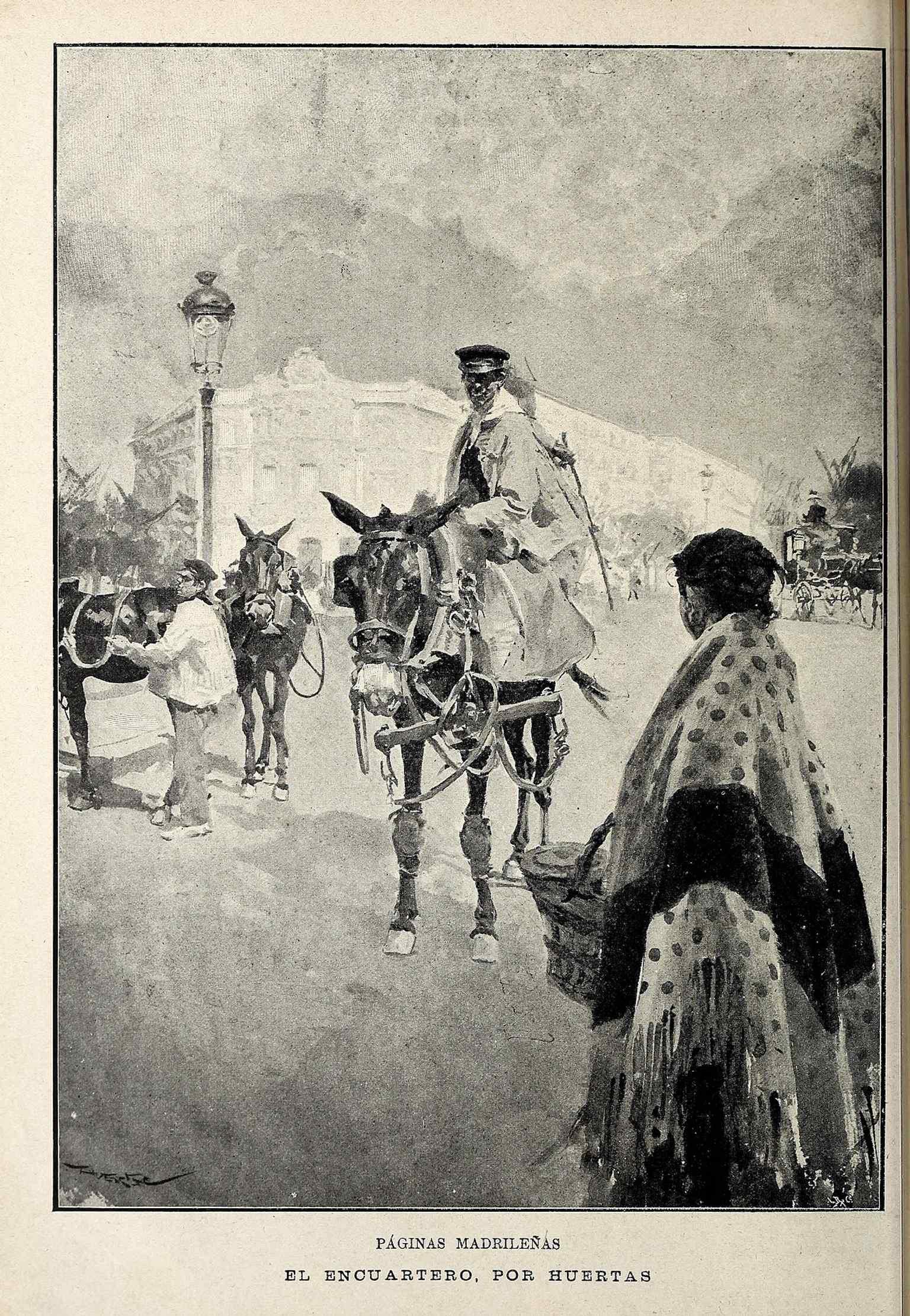 A 1898 print linked to the Palacio de Linares, one of the four corner palaces that frame the square.