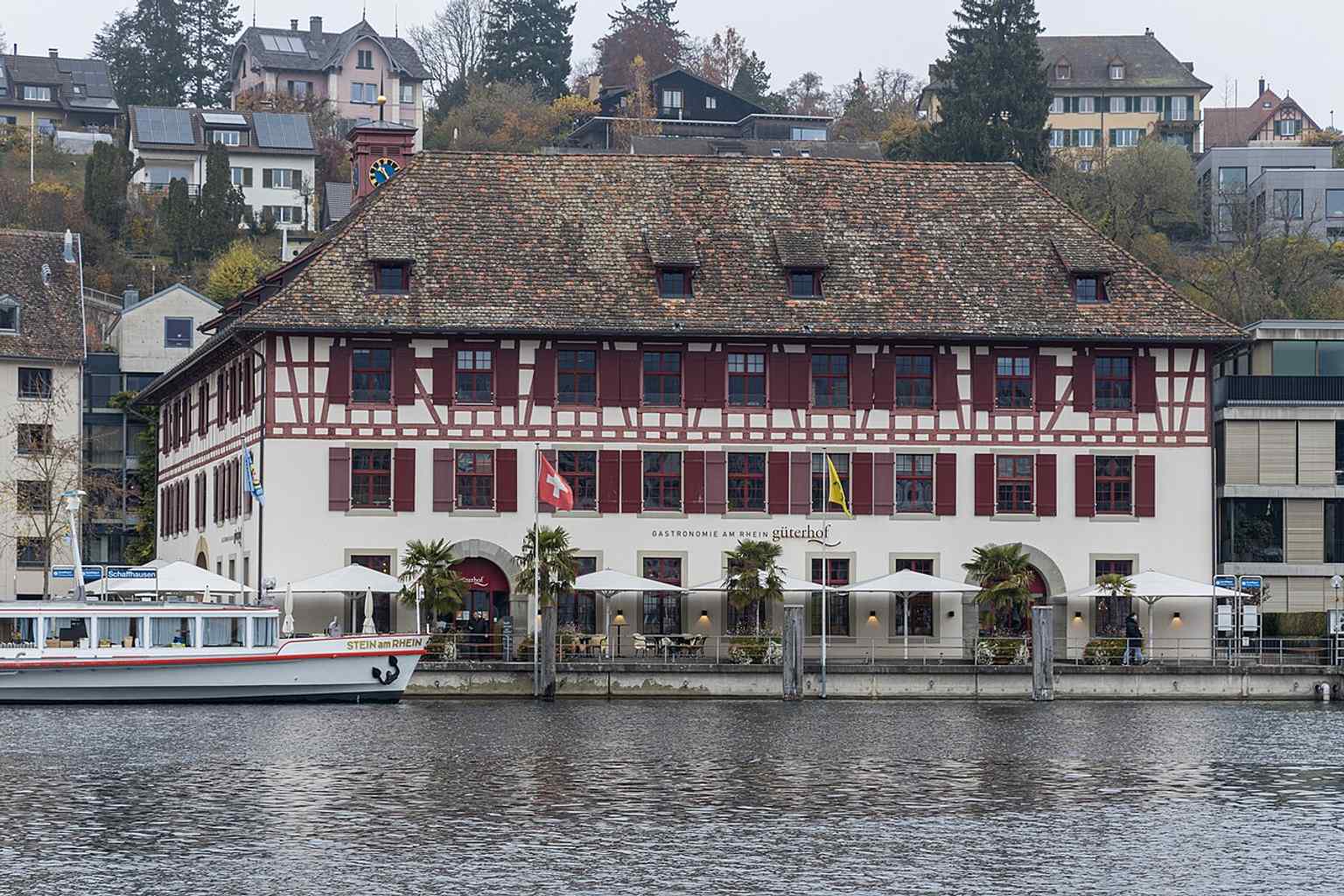 A clear modern view of the renovated Güterhof, which was restored in 2007/2008 and now houses a restaurant and offices.