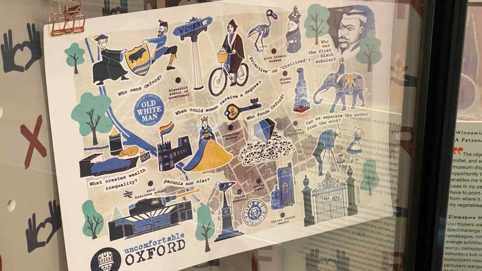 Anniversary display cases showing how the museum continues to expand its Oxford history collections.