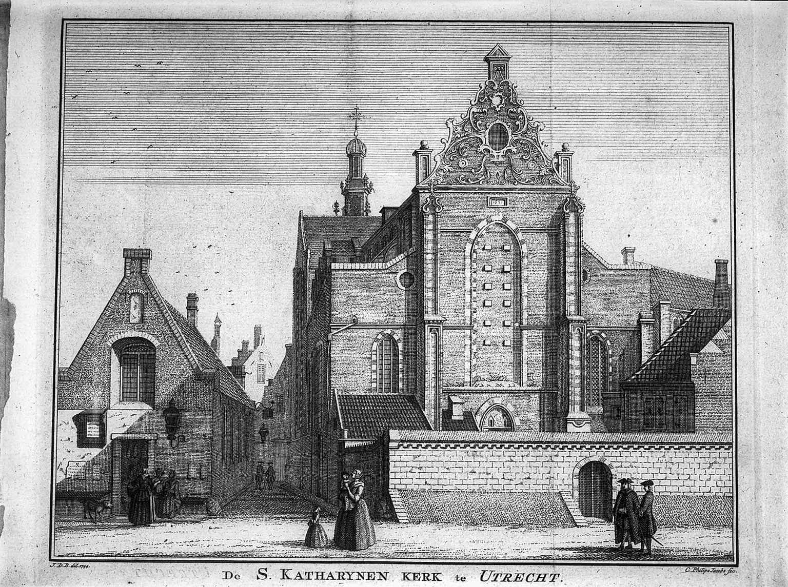 An early engraving of the Catharijnekerk, representing its appearance from 'Tegenwoordige Staat der Verenigde Nederlanden' and offering a glimpse into its long history.