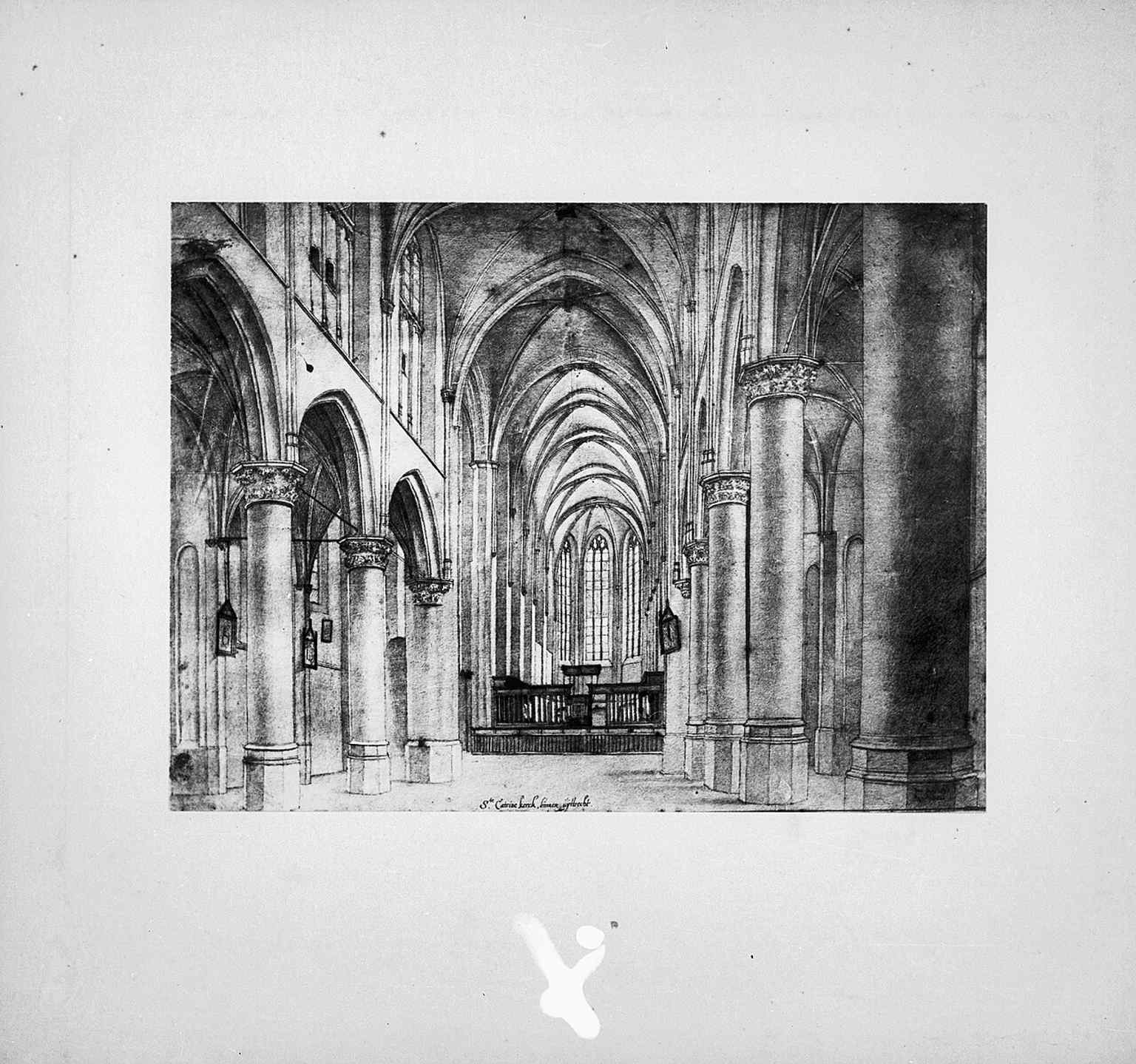 Pieter Jansz Saenredam's interior drawing, a crucial reference for the 1955-1965 restoration efforts to revert the space to its 1636 appearance.