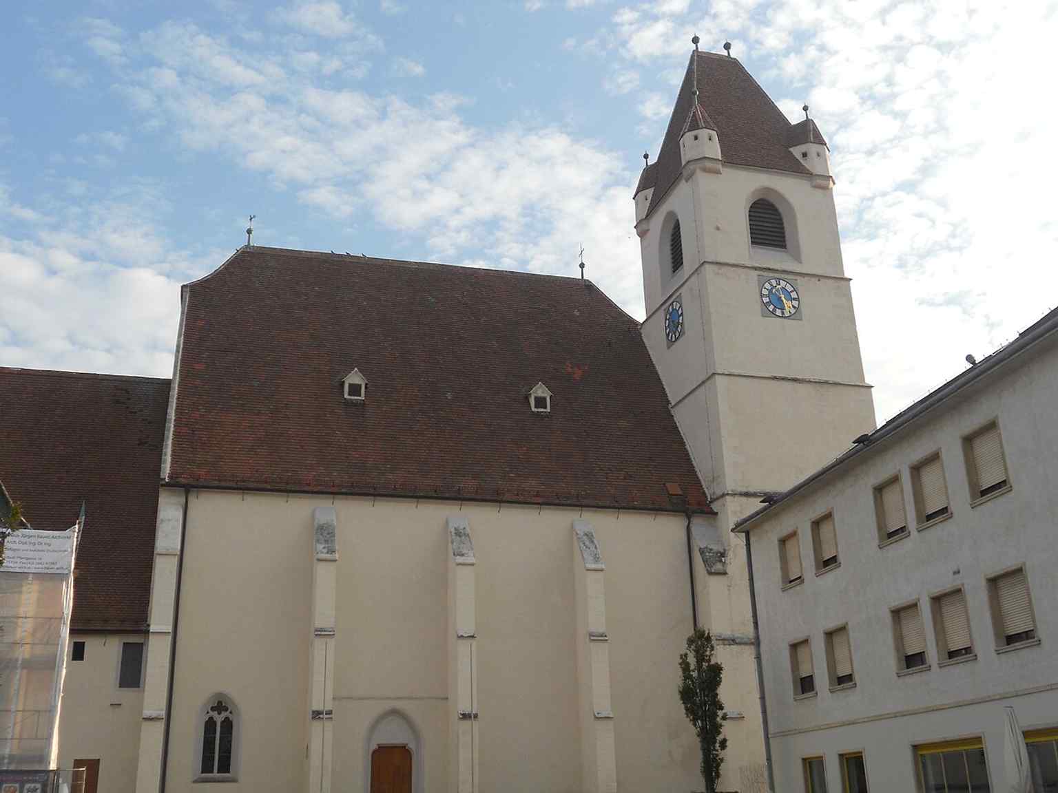 The cathedral seen from outside at street level, showing the church that became Eisenstadt’s cathedral in 1960.