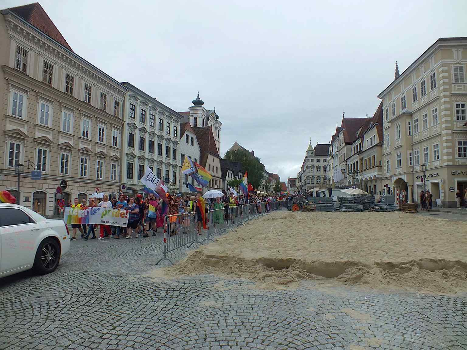 A colorful event scene on the square, illustrating how Steyr’s main plaza is used for public celebrations and gatherings.