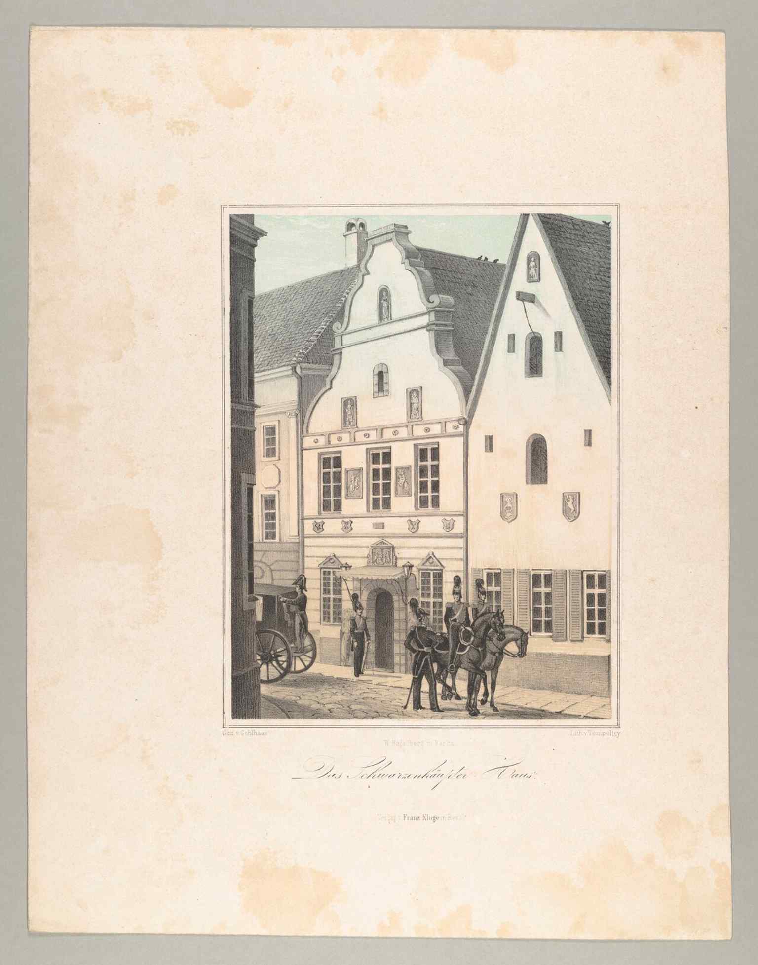 A 19th-century graphic view of the House of the Blackheads, showing how this guild residence was remembered before modern restorations.
