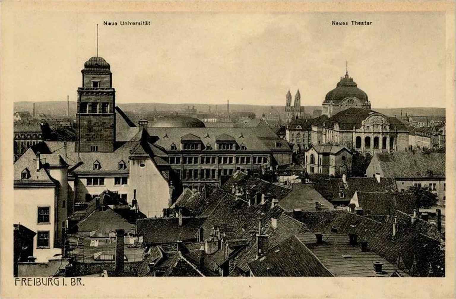 A 1912 postcard showing the new theatre beside the synagogue and university — a rare view of Freiburg’s cultural center just after the theatre’s 1910 opening.