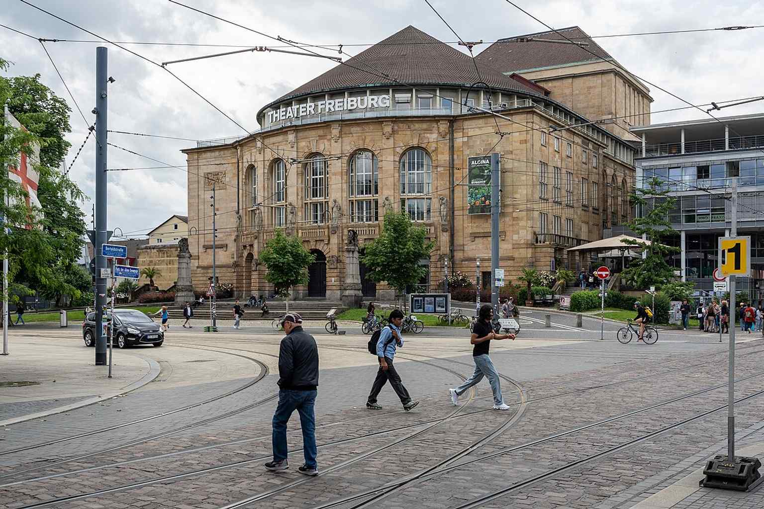 The modern front of Theater Freiburg, matching the building’s main entrance on Bertoldstraße and the redesigned façade seen today.