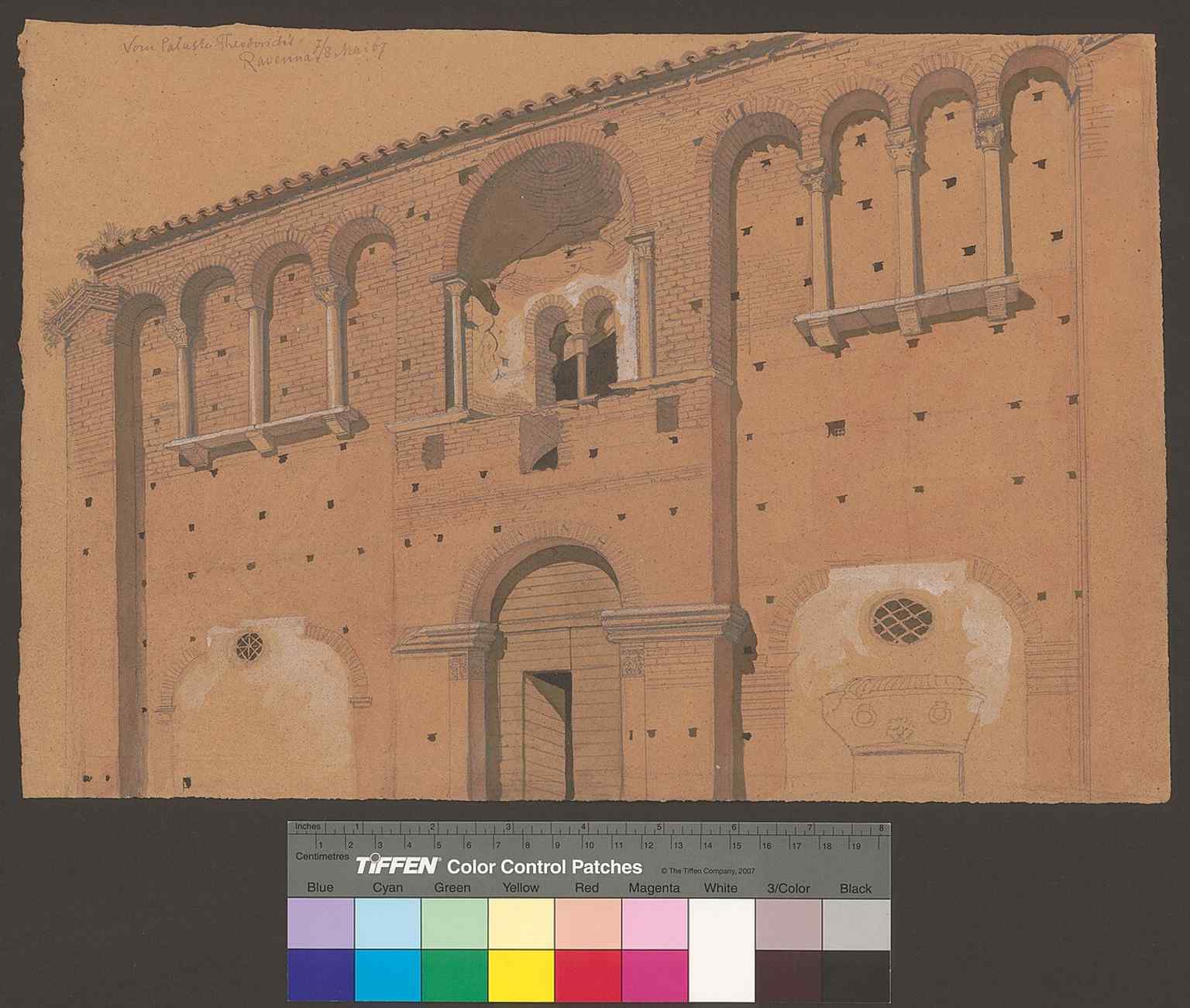 A 19th-century view of Theodoric’s Palace in Ravenna, showing how the ruin was documented before modern excavation changed its interpretation.