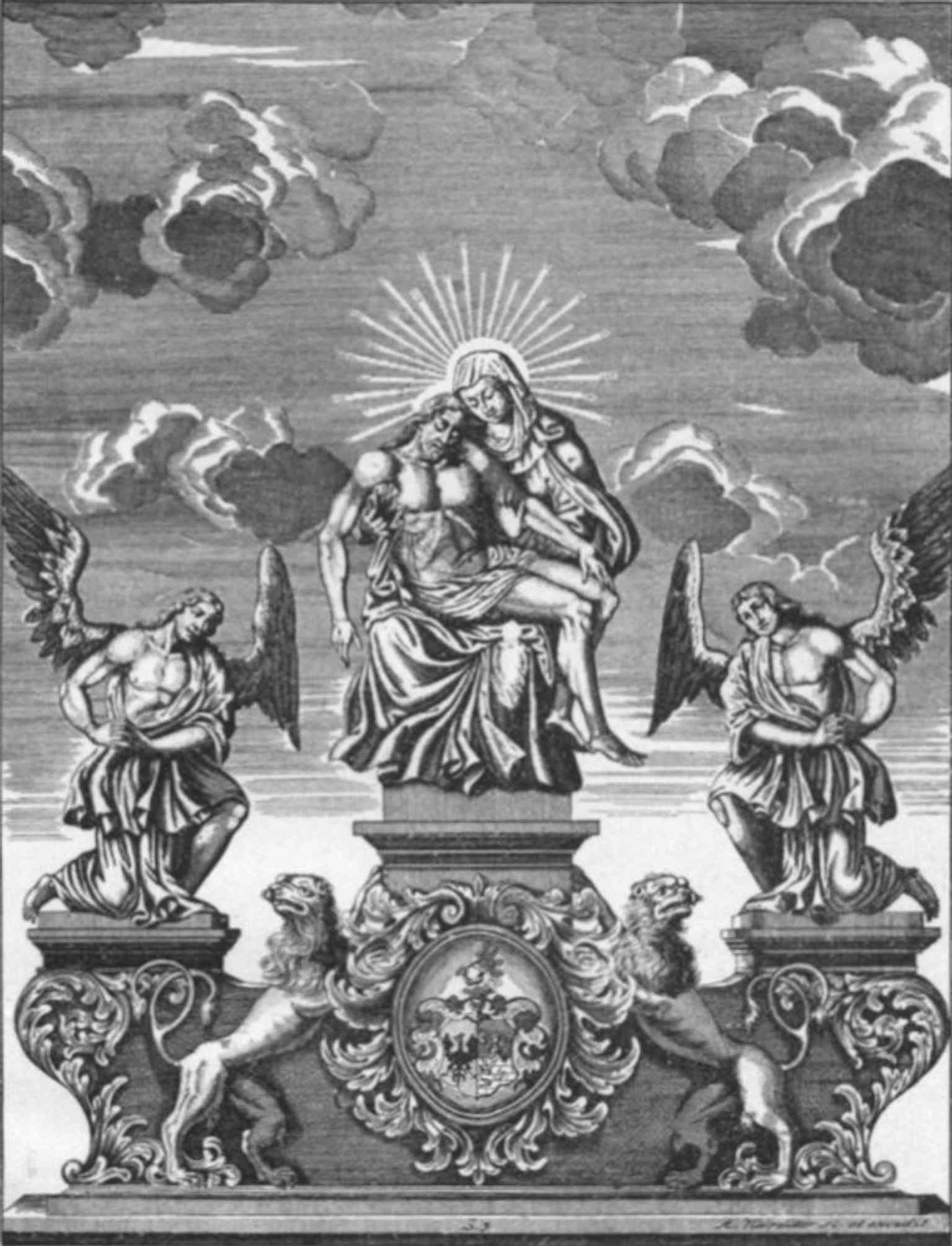 This historical artwork depicts the Baroque Pietà created by Jan Brokoff in 1695, which stood on Charles Bridge for over 150 years before being severely damaged in the 1848 Revolution.