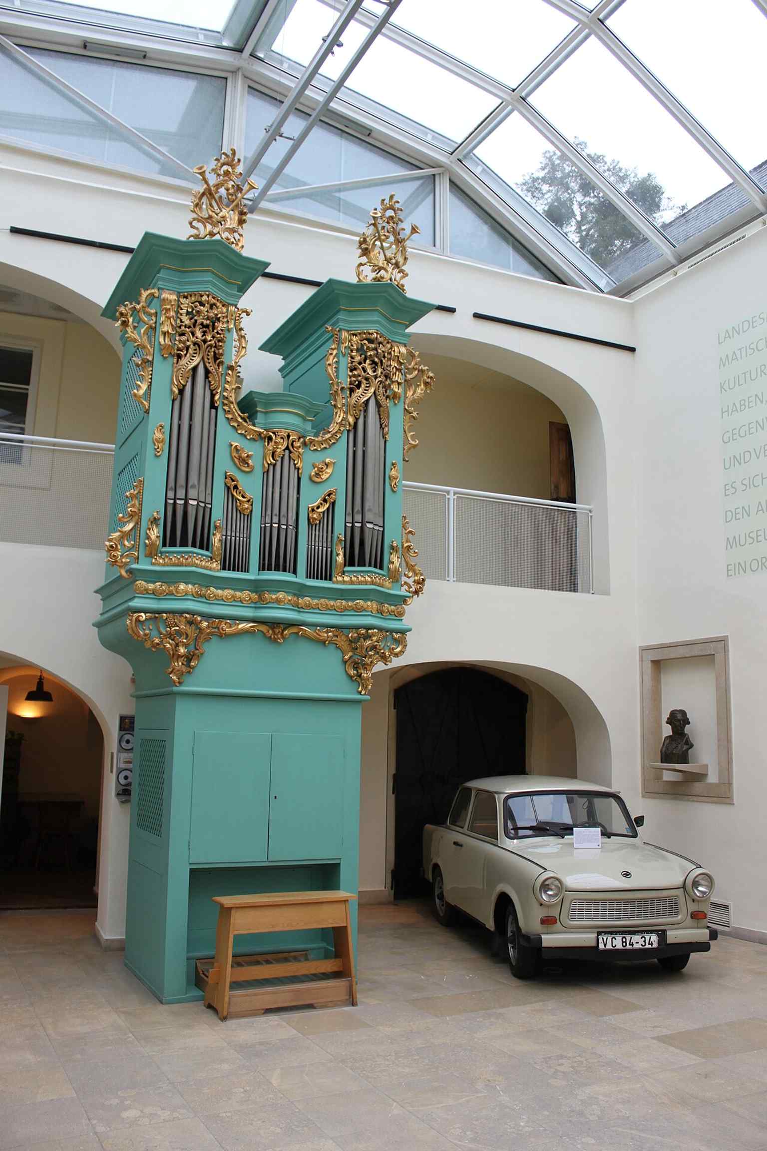 The covered courtyard of the Burgenland State Museum, a key part of the 1976 redesign that kept the historic inner spaces intact.