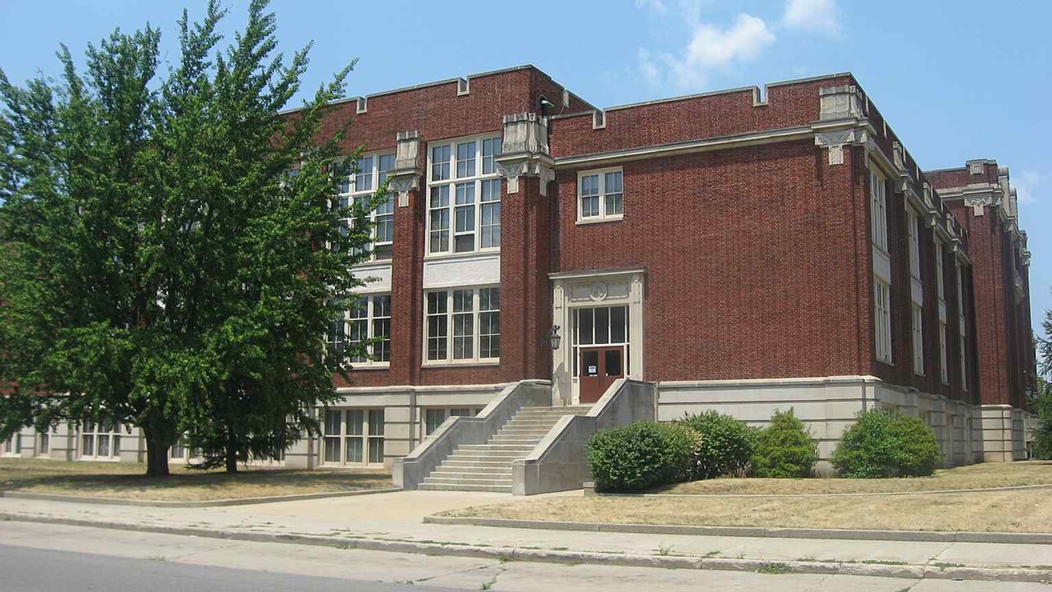 Front and east side of Central High School’s 1911 Berteling Building, the historic red-brick core of South Bend’s former high school complex.