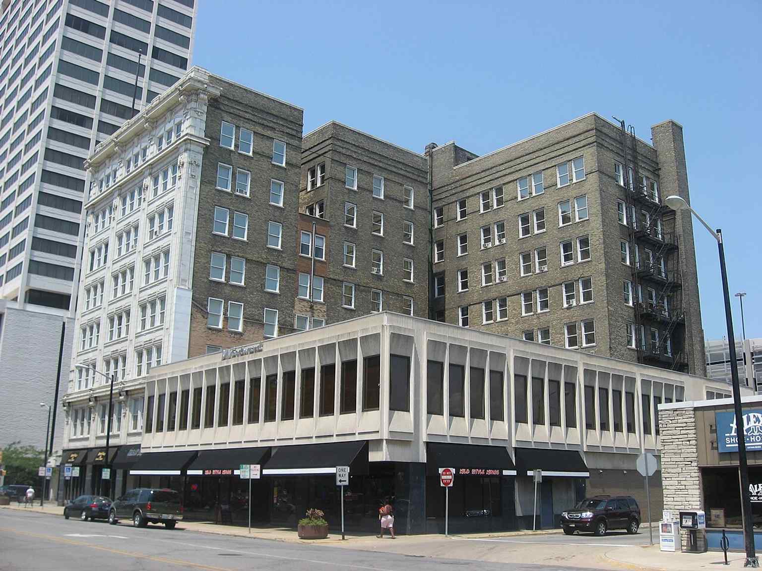 The J.M.S. Building’s 1910 brick and terra cotta rear and south side in South Bend, showing the historic office tower listed on the National Register in 1985.