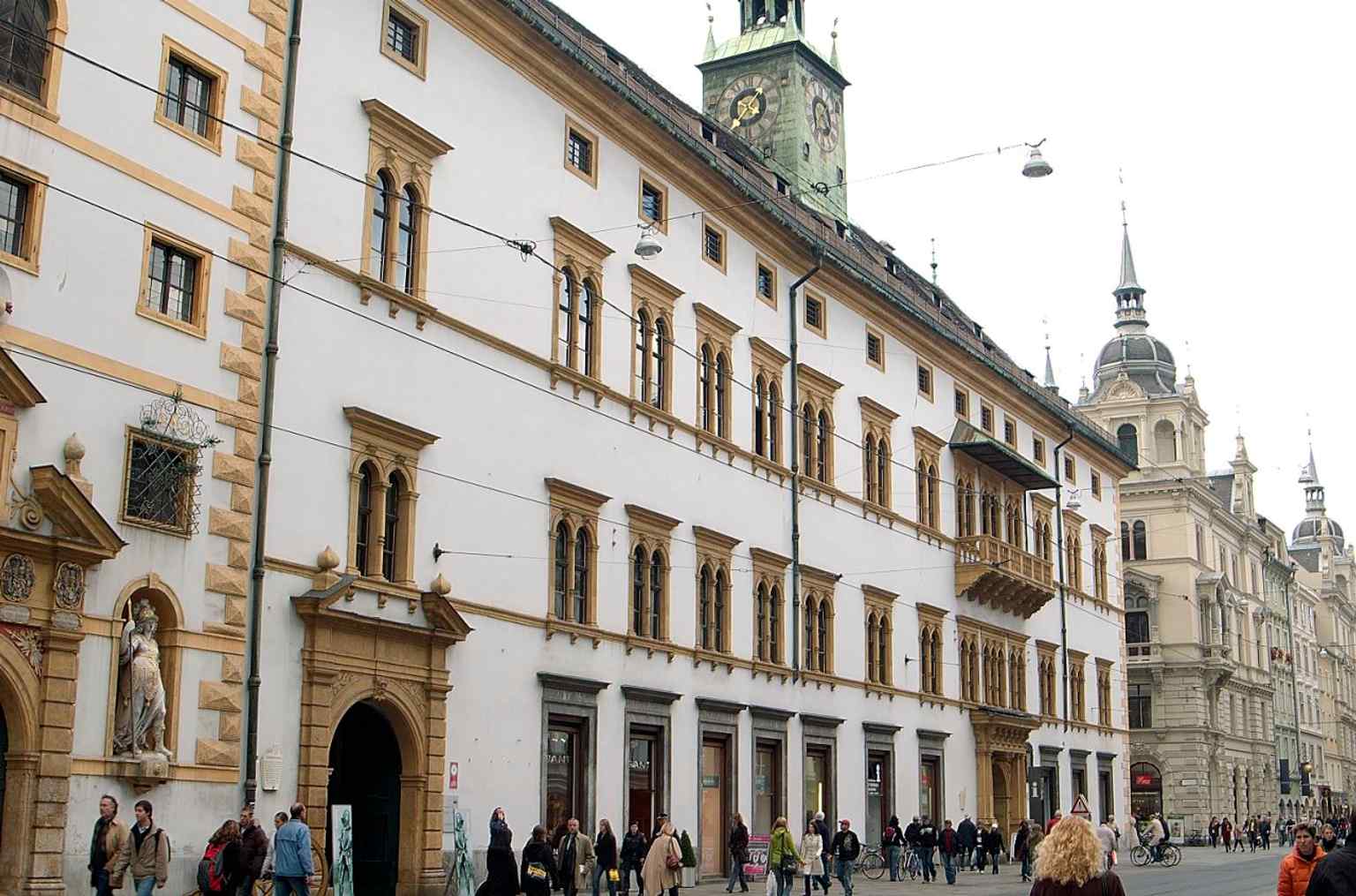 The Landhaus complex in its urban setting, showing the armory on the left and the country house in the middle, matching its role as part of Graz’s historic civic core.