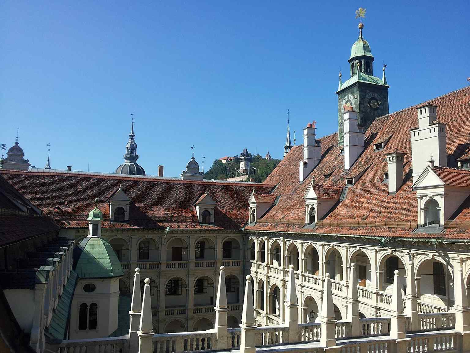 Seen from the Zeughaus, this angle highlights how the Country House forms part of a larger Renaissance civic complex around the courtyards.