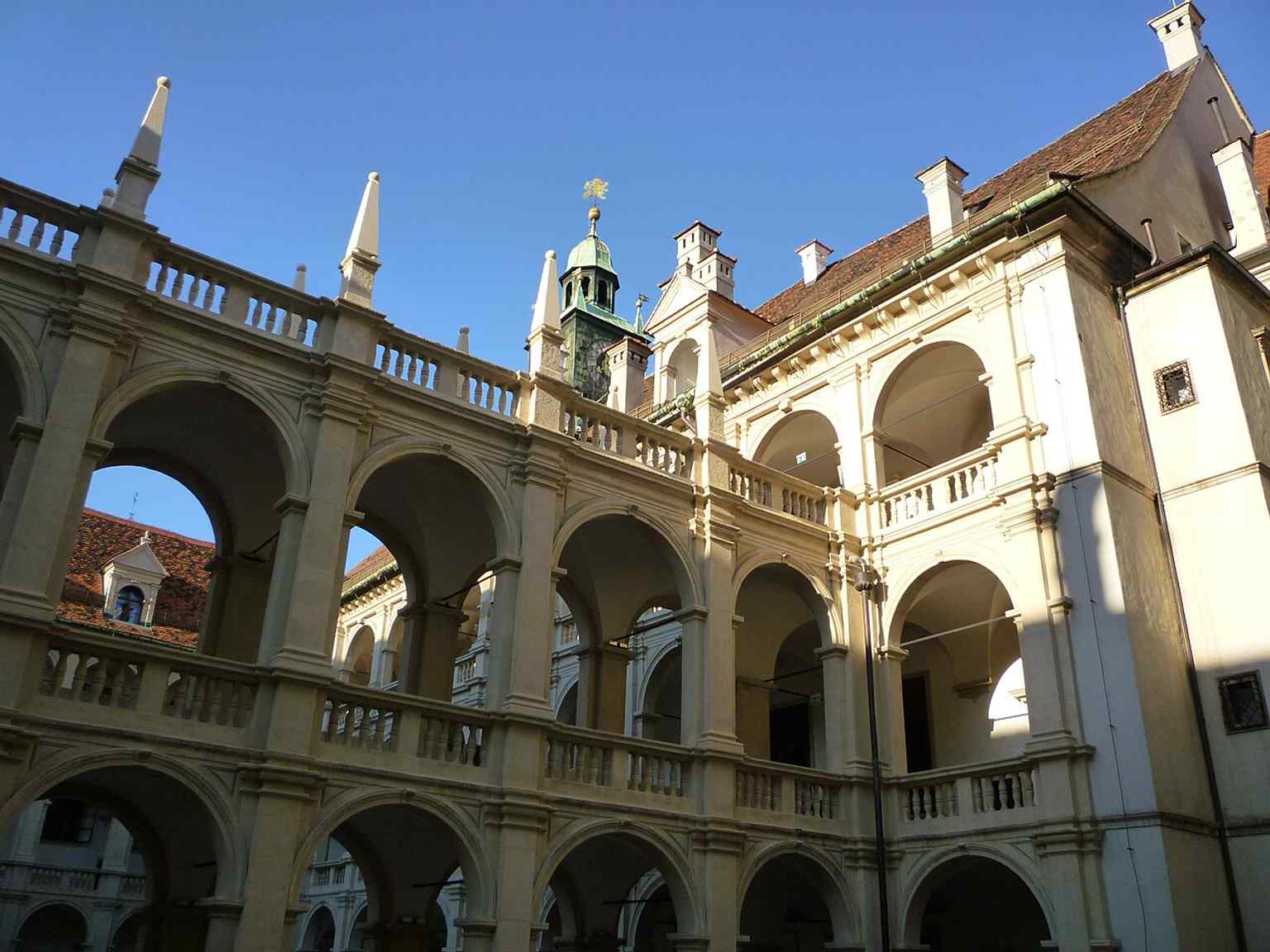 The great arcaded courtyard, one of the Landhaus’s defining features, where Renaissance arches frame the open space used for events today.