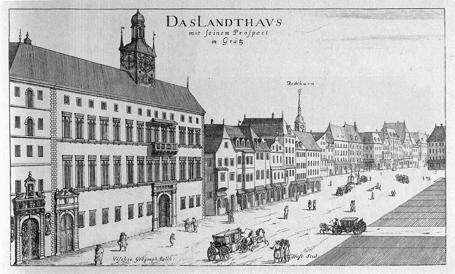 An early engraved view of Graz’s Landhaus from 1681, valuable for showing how the Renaissance complex was documented centuries ago.
