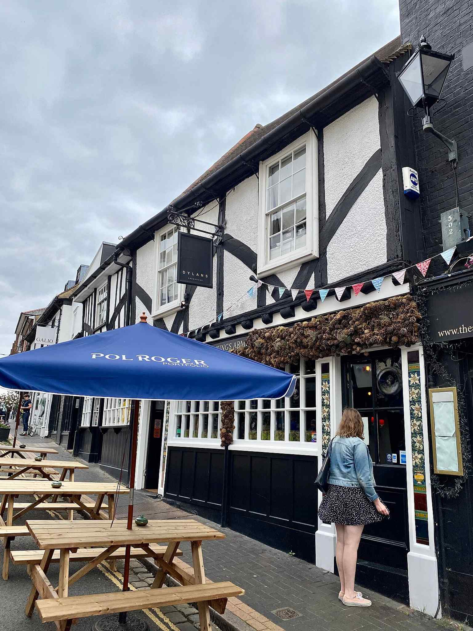 The Old Kings Arms on George Street in its listed-building form — the 15th-century timber-framed pub that was later revived in 2015 after years out of use.
