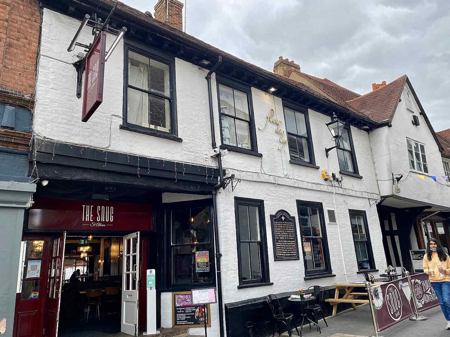 The surviving Fleur de Lys frontage on French Row, a Grade II listed pub with medieval origins behind an 18th-century face.