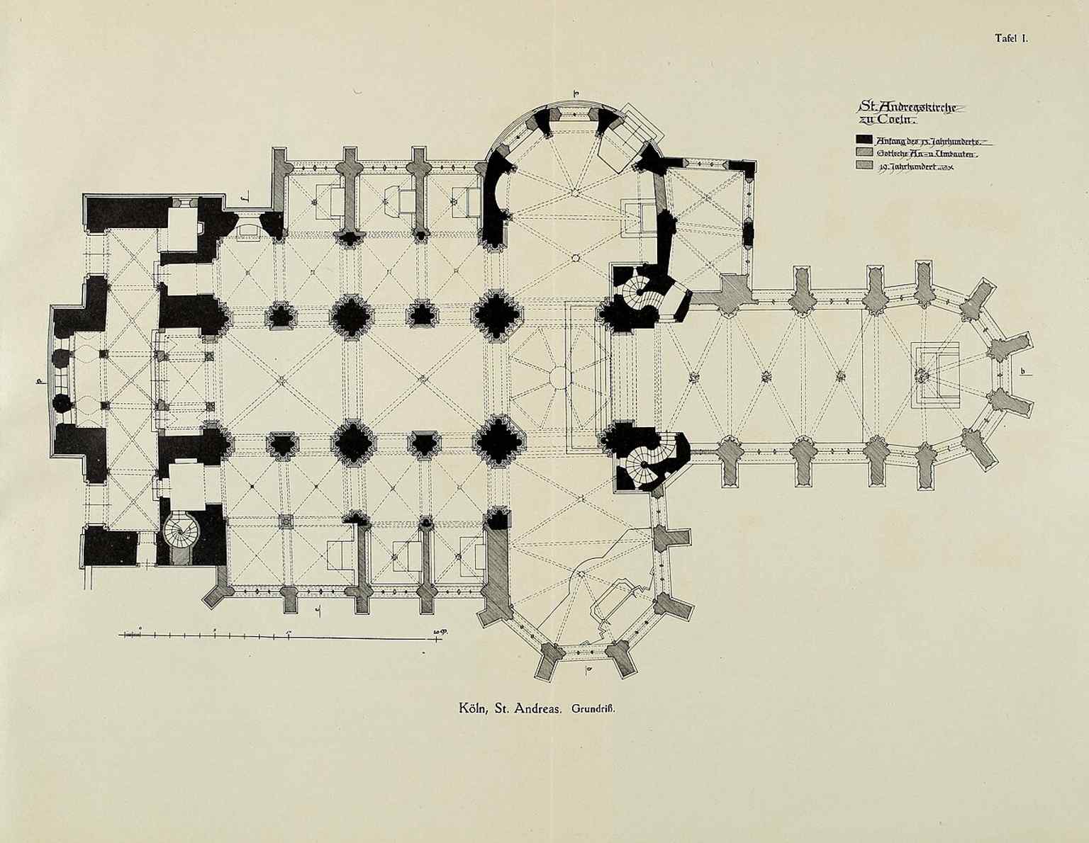 Ein historischer Grundriss von 1911 veranschaulicht den Aufbau der St.-Andreas-Kirche und hebt ihre romanischen Ursprünge als dreischiffige Pfeilerbasilika hervor, die später mit gotischen Ergänzungen modifiziert wurde.