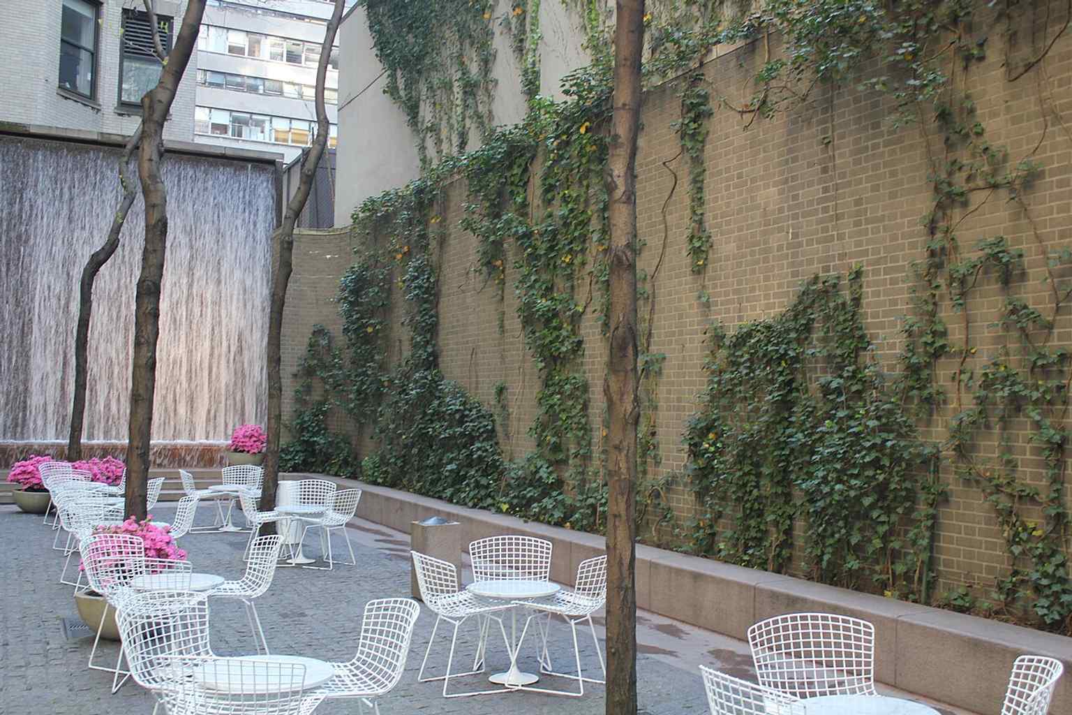 An interior view that helps show how Paley Park creates a secluded atmosphere despite being just steps from Midtown traffic.