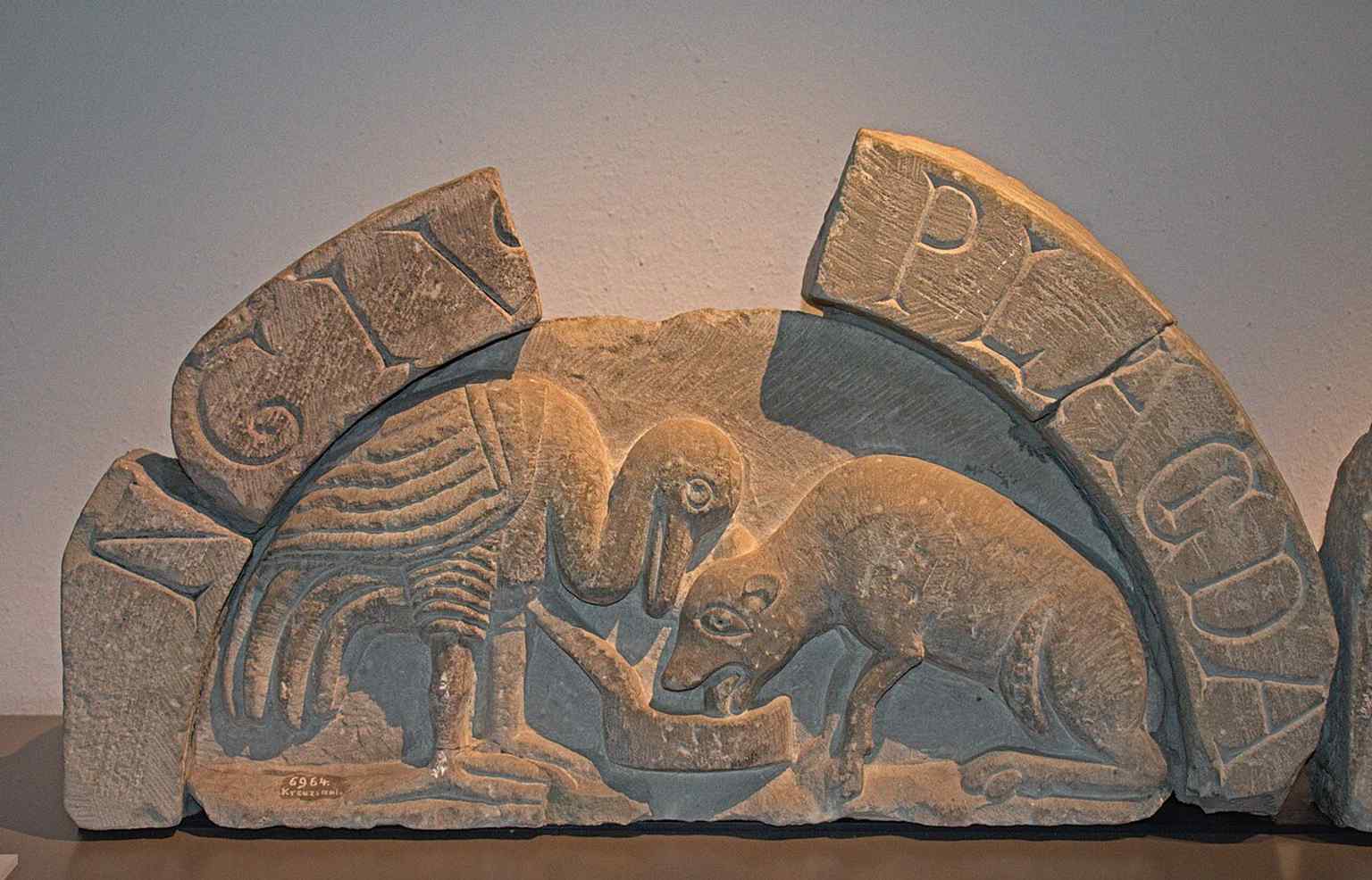 A playful medieval fable of the fox and the stork, a reminder that the museum’s stone carvings also include secular storytelling.