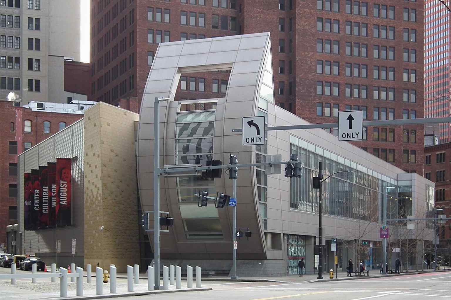 The modern exterior of the August Wilson African American Cultural Center on Liberty Avenue in Downtown Pittsburgh, a building that opened to the public in 2009.