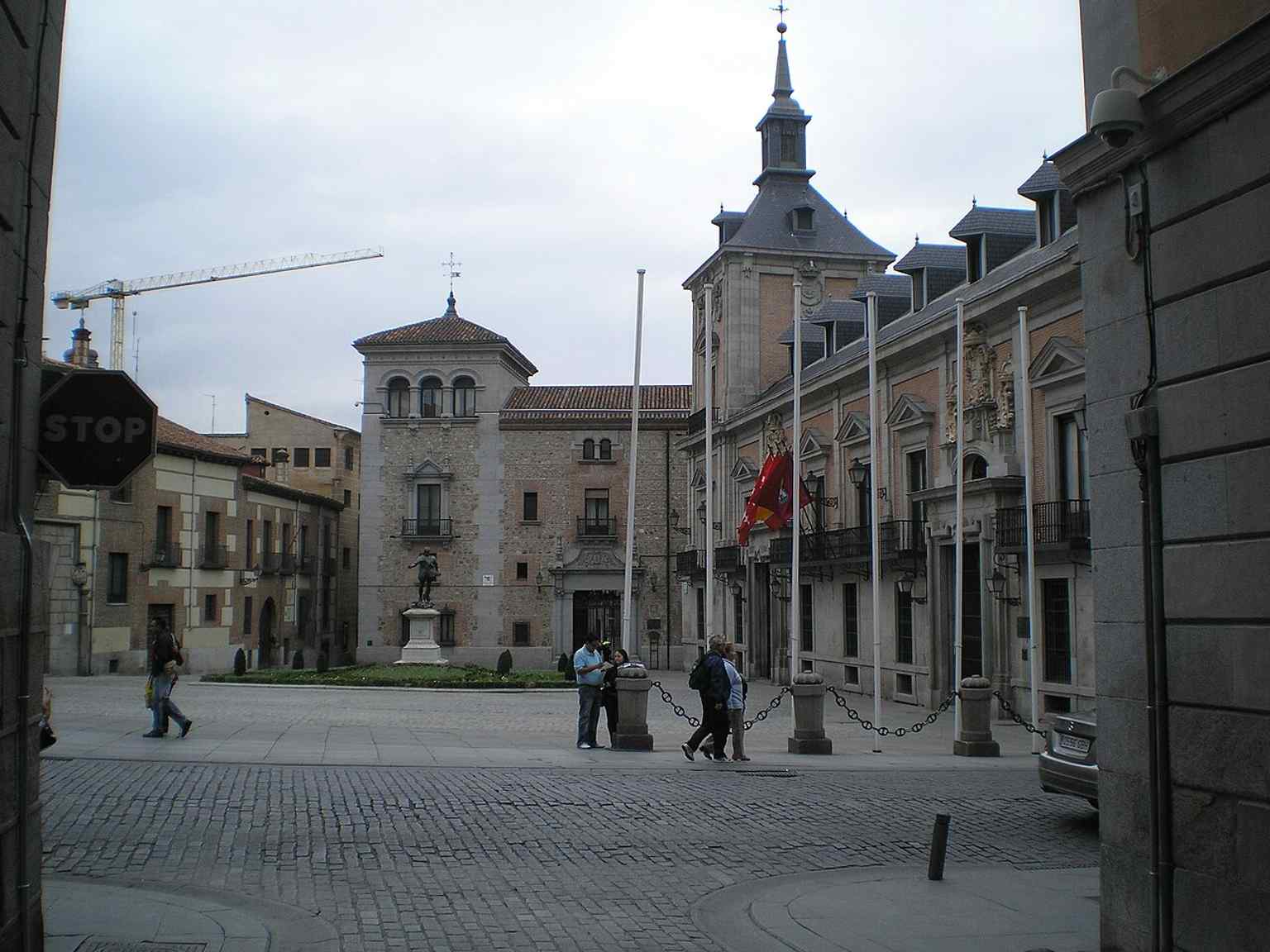 A wide view of Plaza de la Villa, showing the historic square as a compact medieval space tucked beside Calle Mayor.