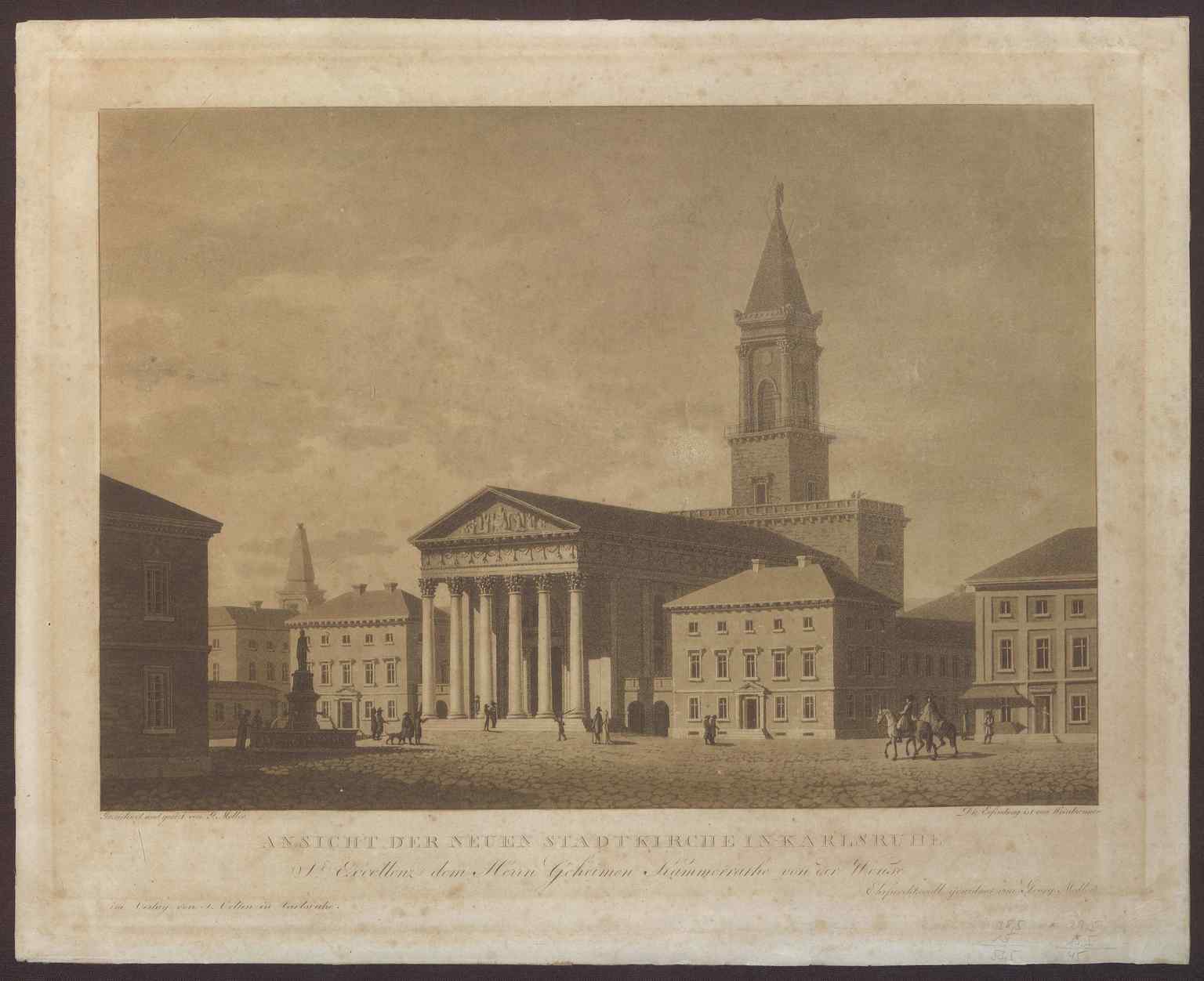 This 1810 "view of the new city church" captures Friedrich Weinbrenner's early vision for the landmark, an ancient temple ideal that sparked a significant architectural dispute with the Grand Duke over the inclusion of a bell tower.