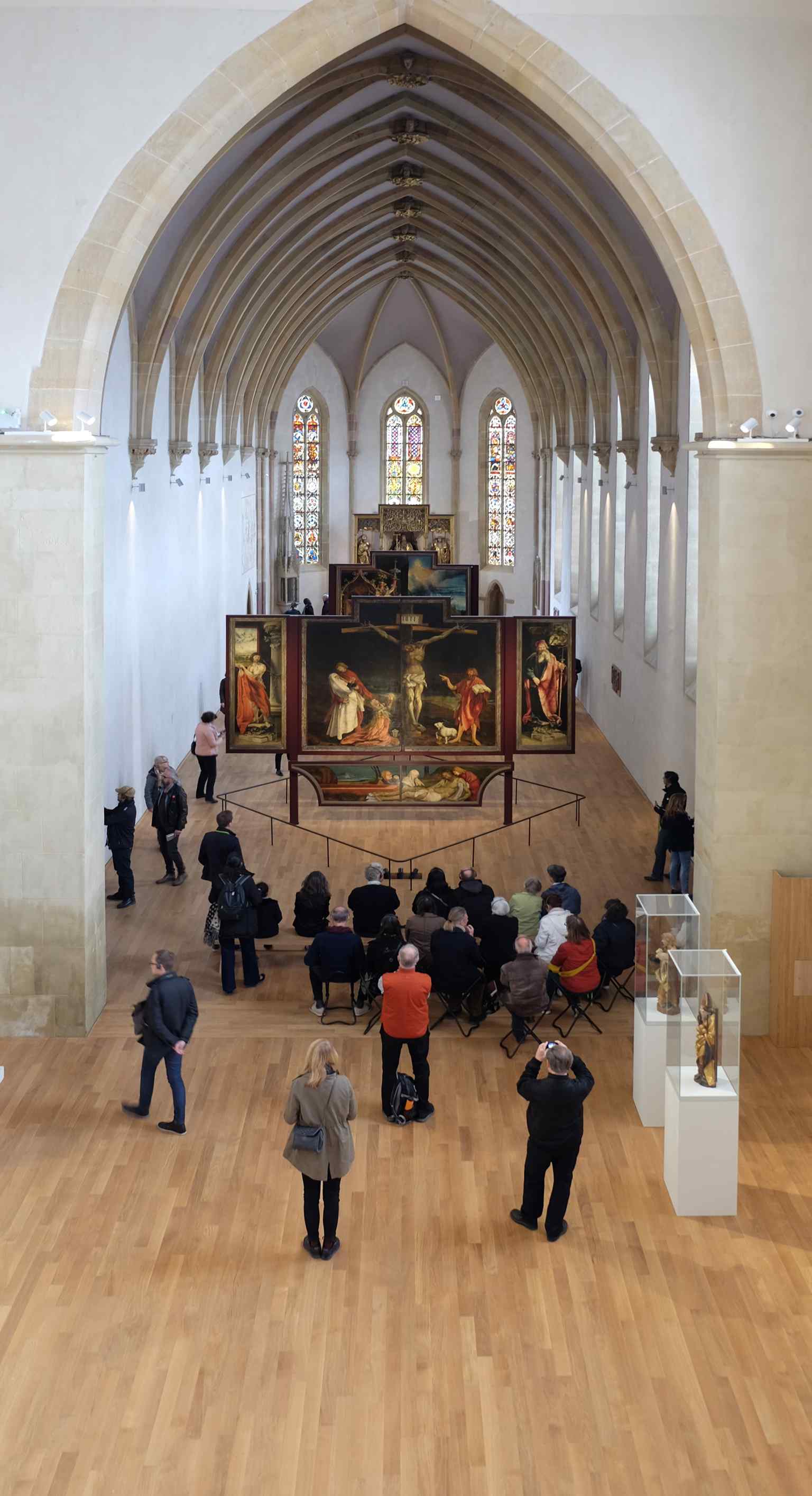 The safely preserved altarpiece on display within the sleek, modernized gallery of the Unterlinden Museum today (2017).