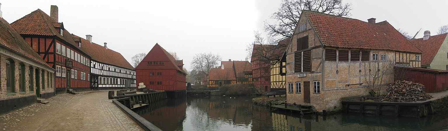 A sweeping panorama of Den Gamle By, the world’s first open-air museum for urban culture, showing the museum town spread out like a historic Danish market city.