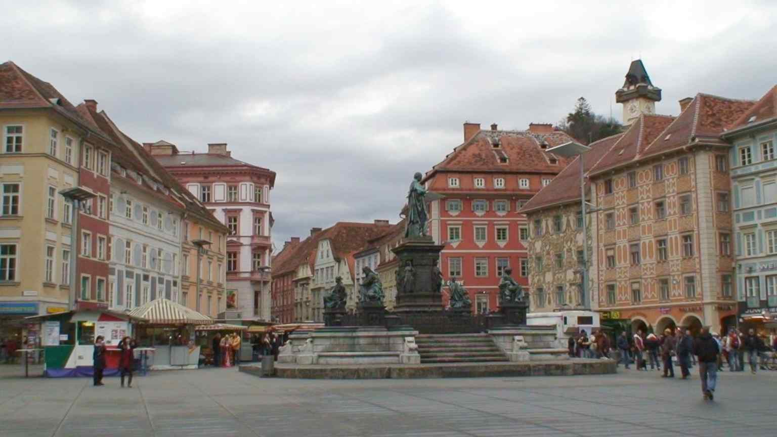 The Erzherzog-Johann-Brunnen anchors Graz’s Main Square, the historic market place laid out in the 12th century and still the center of the square today.