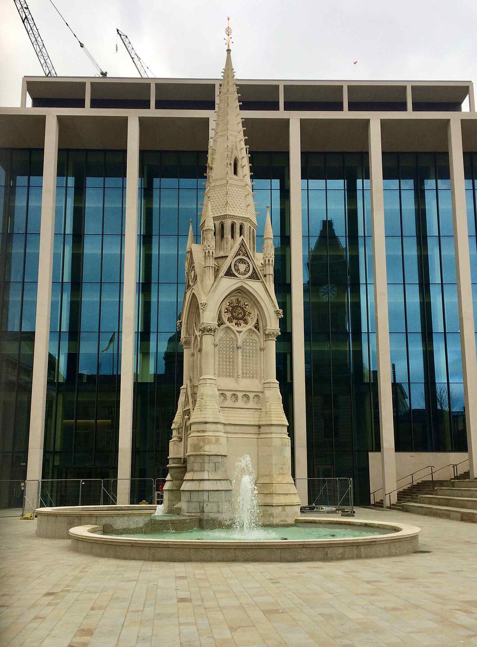 A clear front view of the Chamberlain Memorial fountain in Chamberlain Square, which was erected in 1880 to honour Joseph Chamberlain while he was still alive.