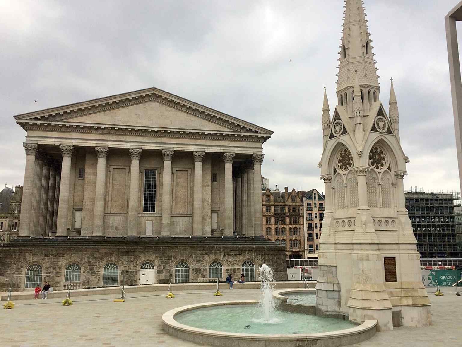 The memorial beside Birmingham Town Hall shows how it formed the civic centrepiece of the square’s Victorian redesign.