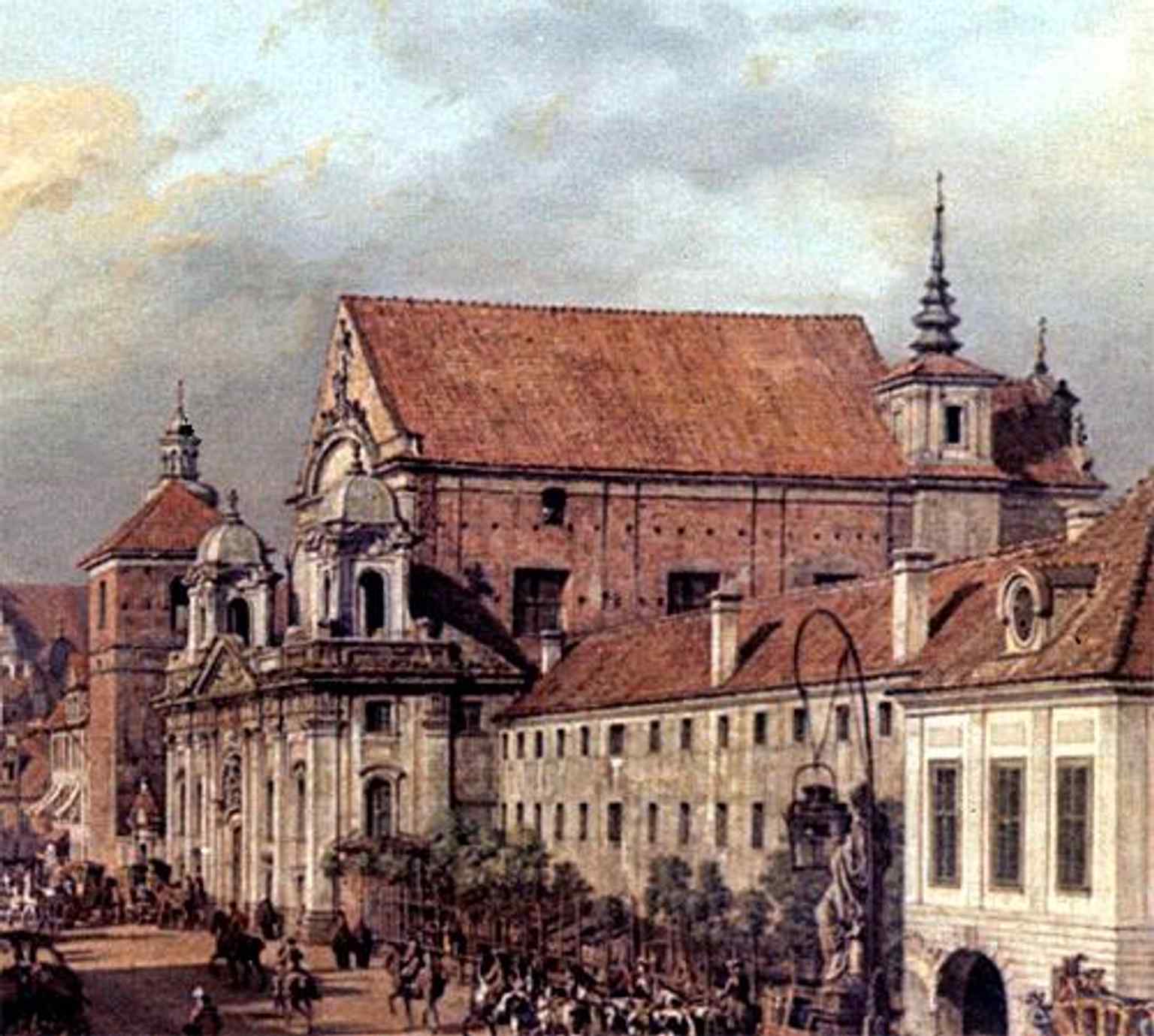 This 1774 print shows St. Anne’s Church in an older Warsaw streetscape, long before the neoclassical façade was completed.