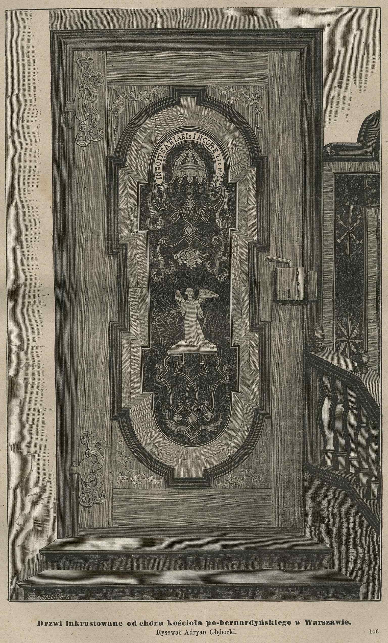 An 1879 drawing of the chancel doors captures one of the historic interior details of this former Bernardine church.