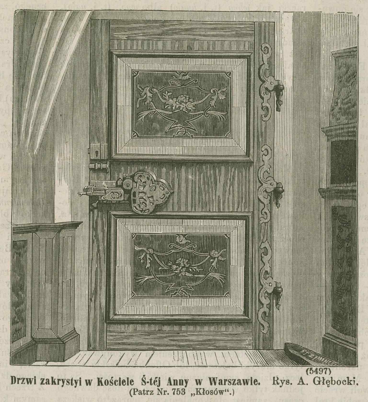 A drawing of the sacristy door shows the church’s preserved interior craftsmanship, beyond the better-known façade.