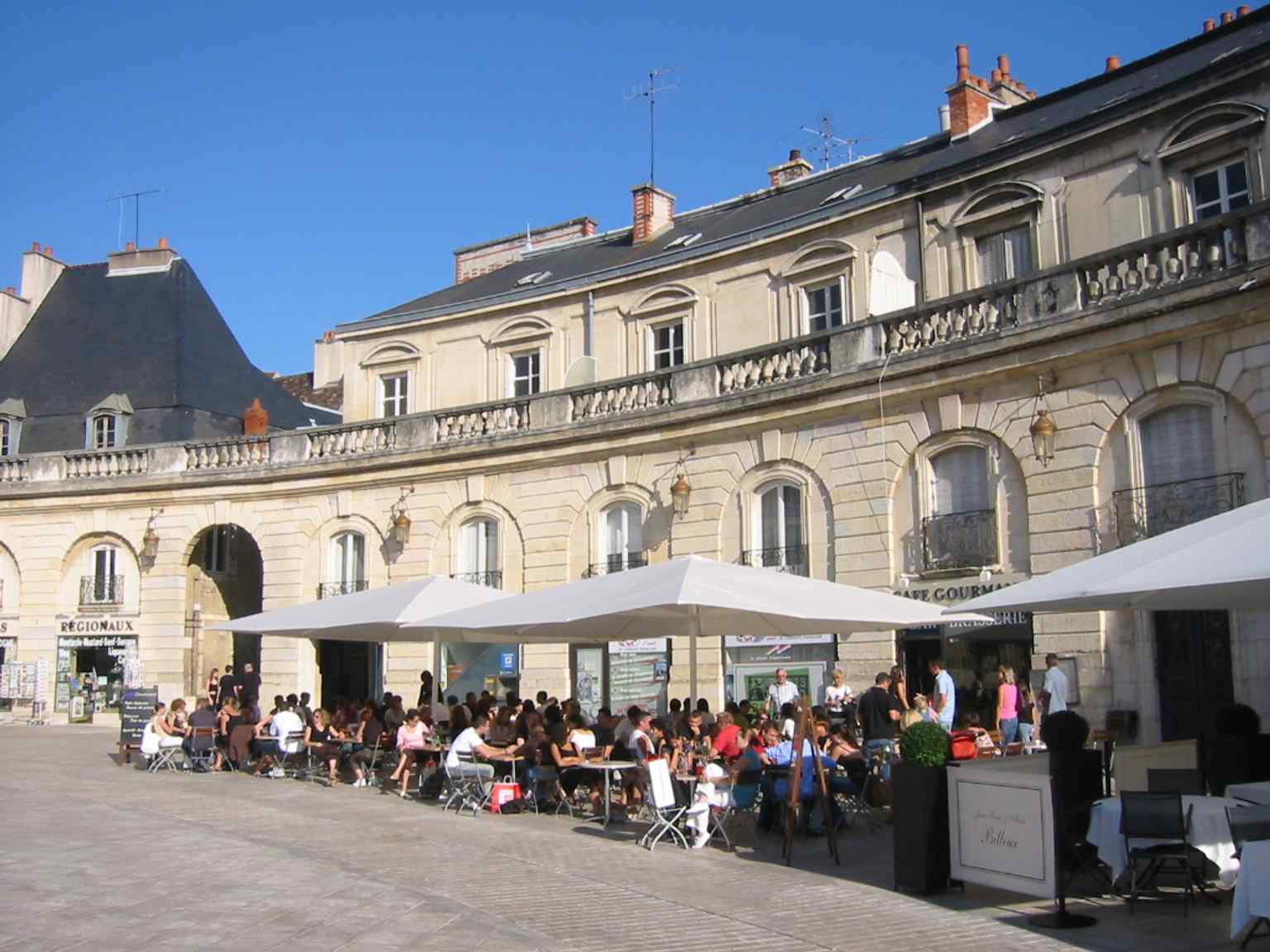 A general view of the Place de la Libération, highlighting its distinctive hemicircle shape and its location in front of the Palace of the Dukes and States of Burgundy.
