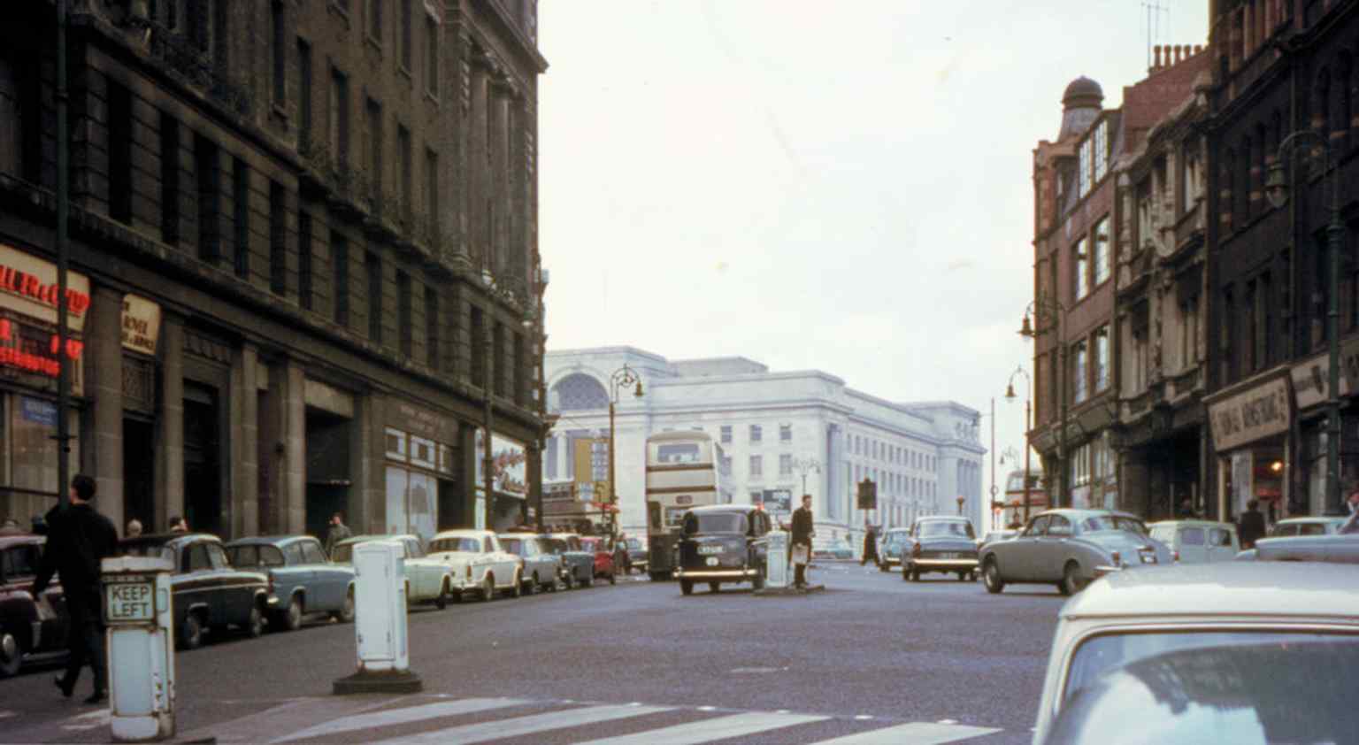 A 1964 city-centre view with Baskerville House in the distance, useful for showing the building in its mid-century setting near Paradise Street.