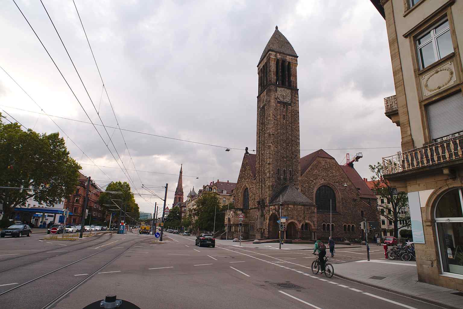 The Luther Church, completed in 1907, is a protected cultural monument distinguished by its monumental Art Nouveau exterior and its imposing 53-meter-high tower made of yellow Palatinate sandstone.